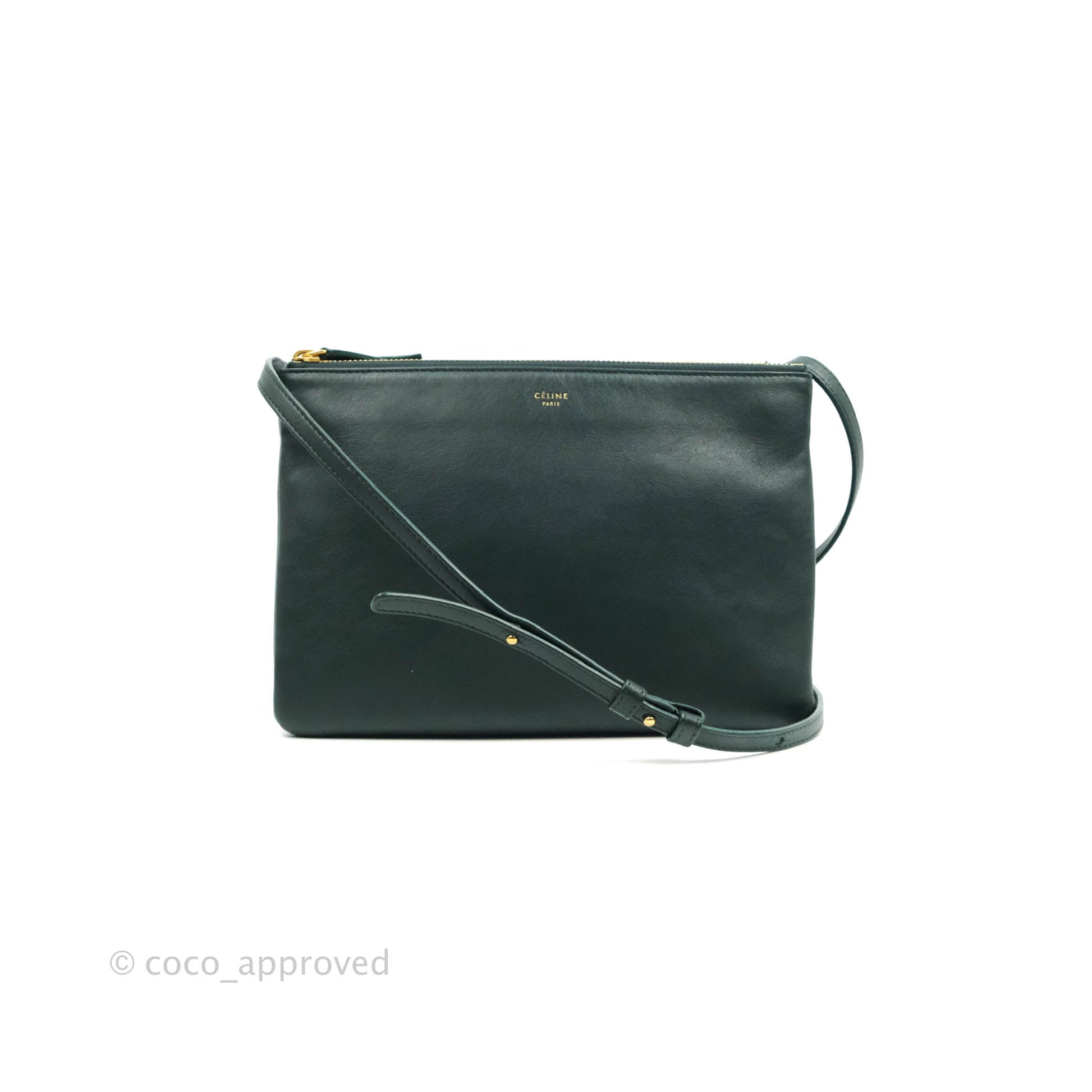 Celine Large Trio Crossbody Bag in Dark Green Lambskin Leather with Gold Hardware - Perfect for Work, Travel & Everyday Luxury