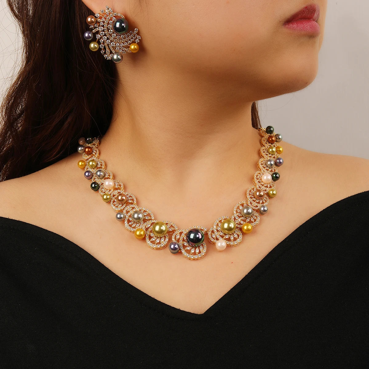 Luxury 7-Color Pearl Choker Necklace & Earrings Set with White Cubic Zirconia - Wedding, Bridal Party Jewelry for Women - Perfect for Formal Events, Anniversaries and Special Occasions