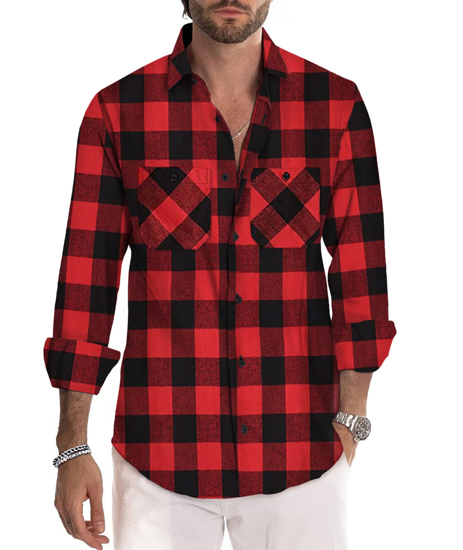 Deer Lady Men's Flannel Plaid Shirts - Soft Button Down Long Sleeve Casual Shirt for Men (Pack of 1 or 2) - Perfect for Outdoor Camping, Hiking & Fall Fashion