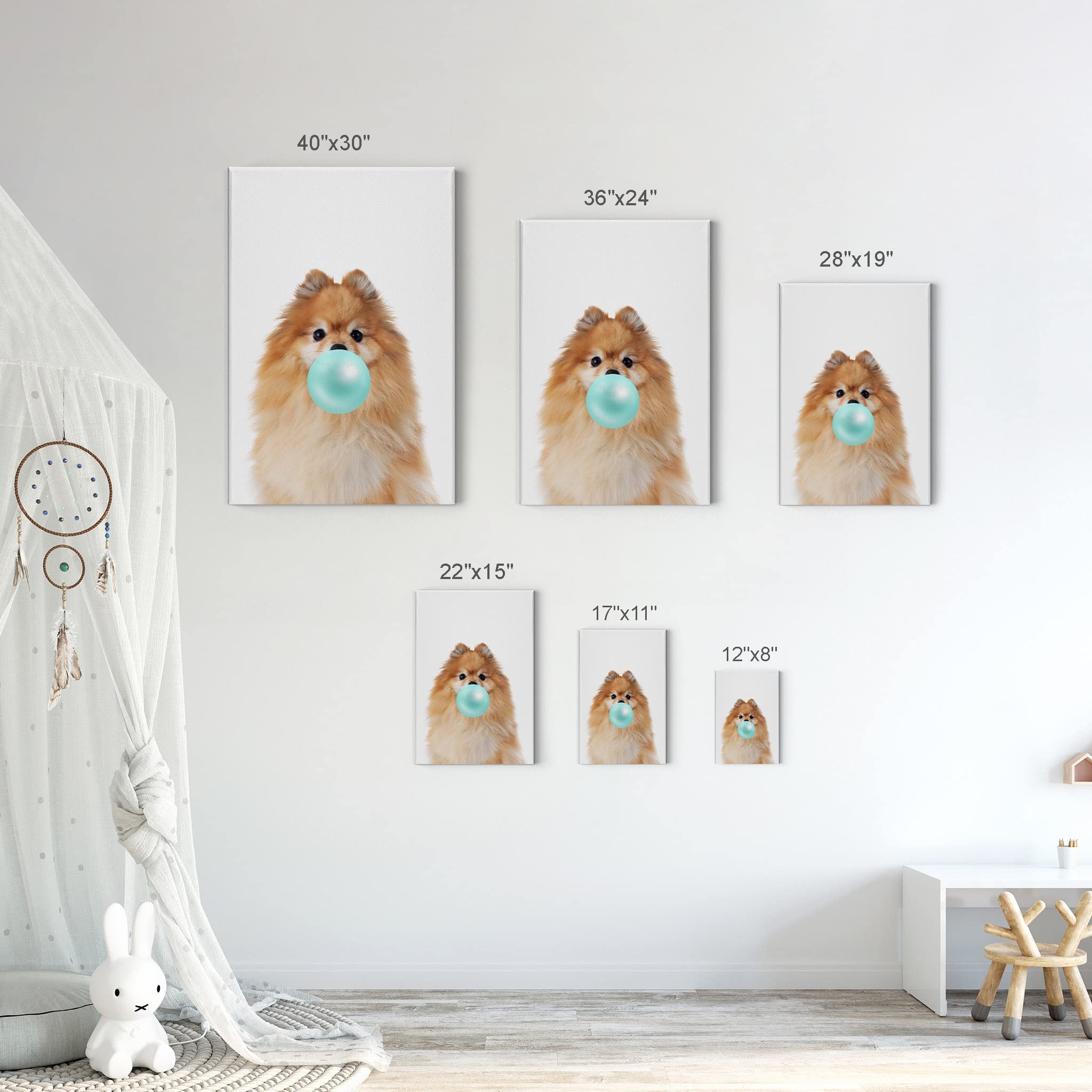 Pomeranian Dog Chewing Bubble Gum Canvas Wall Art Print - 36x24 Inch Pet Lover Gift, Pop Animal Art for Office, Living Room, Bedroom & Nursery Decor | Funny Dog Portrait Home Decoration