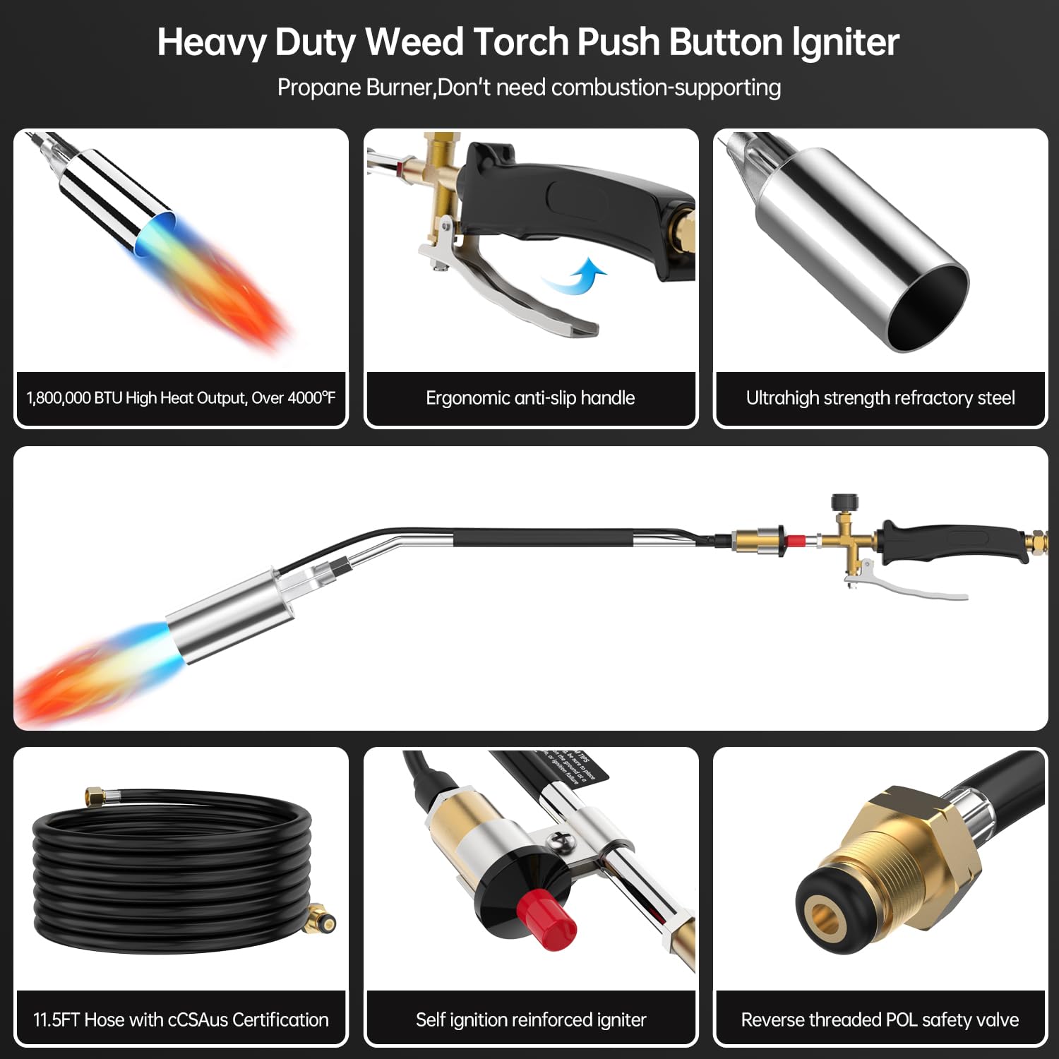Portable Propane Torch Weed Burner Kit - 1,800,000 BTU High Output Garden Torch with 11.5FT Hose for Weed Control, Roof Asphalt Melting, Ice & Snow Removal, Road Marking & BBQ - Perfect for Gardening, Construction & Outdoor Maintenance