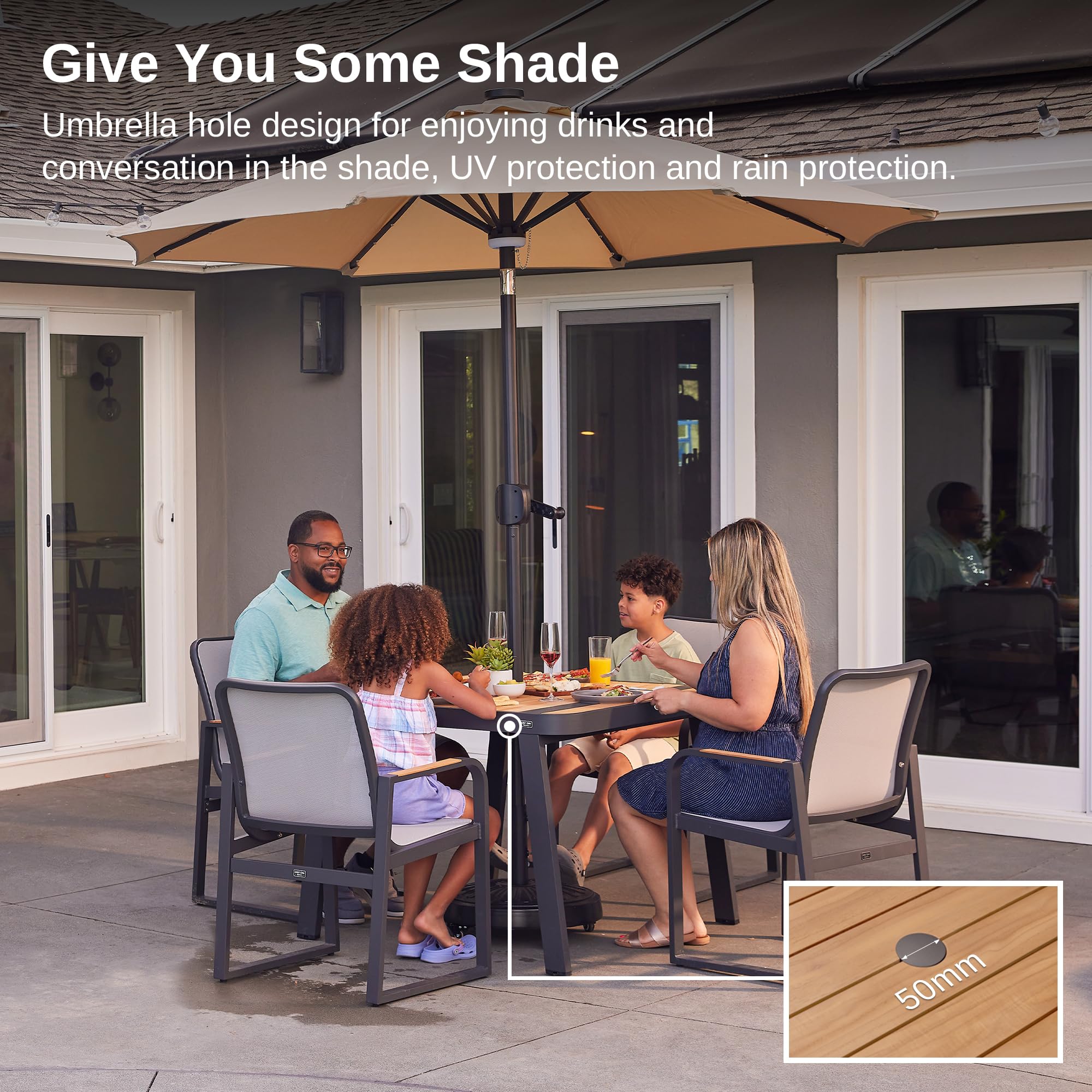 EAST OAK 5-Piece Outdoor Dining Set - Teak Wood & Aluminum Patio Furniture with Teslin Fabric Chairs - Weatherproof Garden & Yard Dining Table Set (Dark Grey) - Perfect for Backyard BBQs, Poolside Entertaining & Outdoor Gatherings