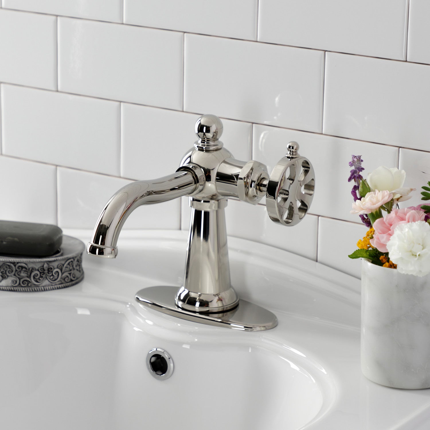 Belknap KSD3546RX Single Handle Bathroom Faucet with Deck Plate & Push Pop-Up Drain - Polished Nickel Finish for Vanity Sinks & Powder Rooms