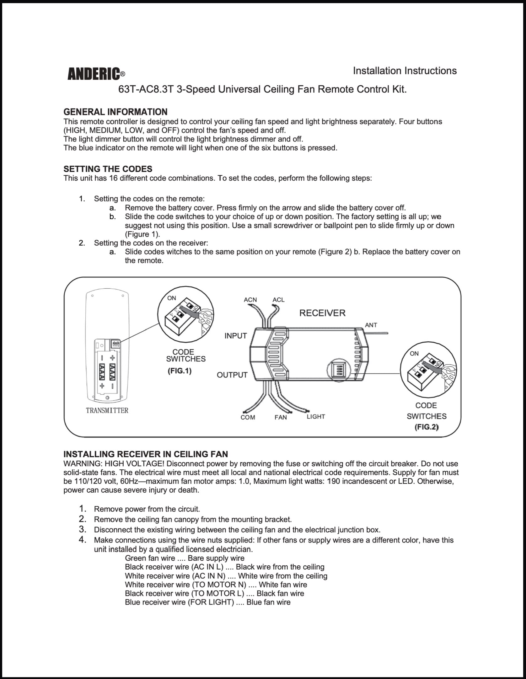 Universal Ceiling Fan Remote Control Kit - 3-Speed Fan Timer & Light Control with Compact Receiver (63T-AC83T-KIT) - Perfect for Bedroom, Living Room and Office