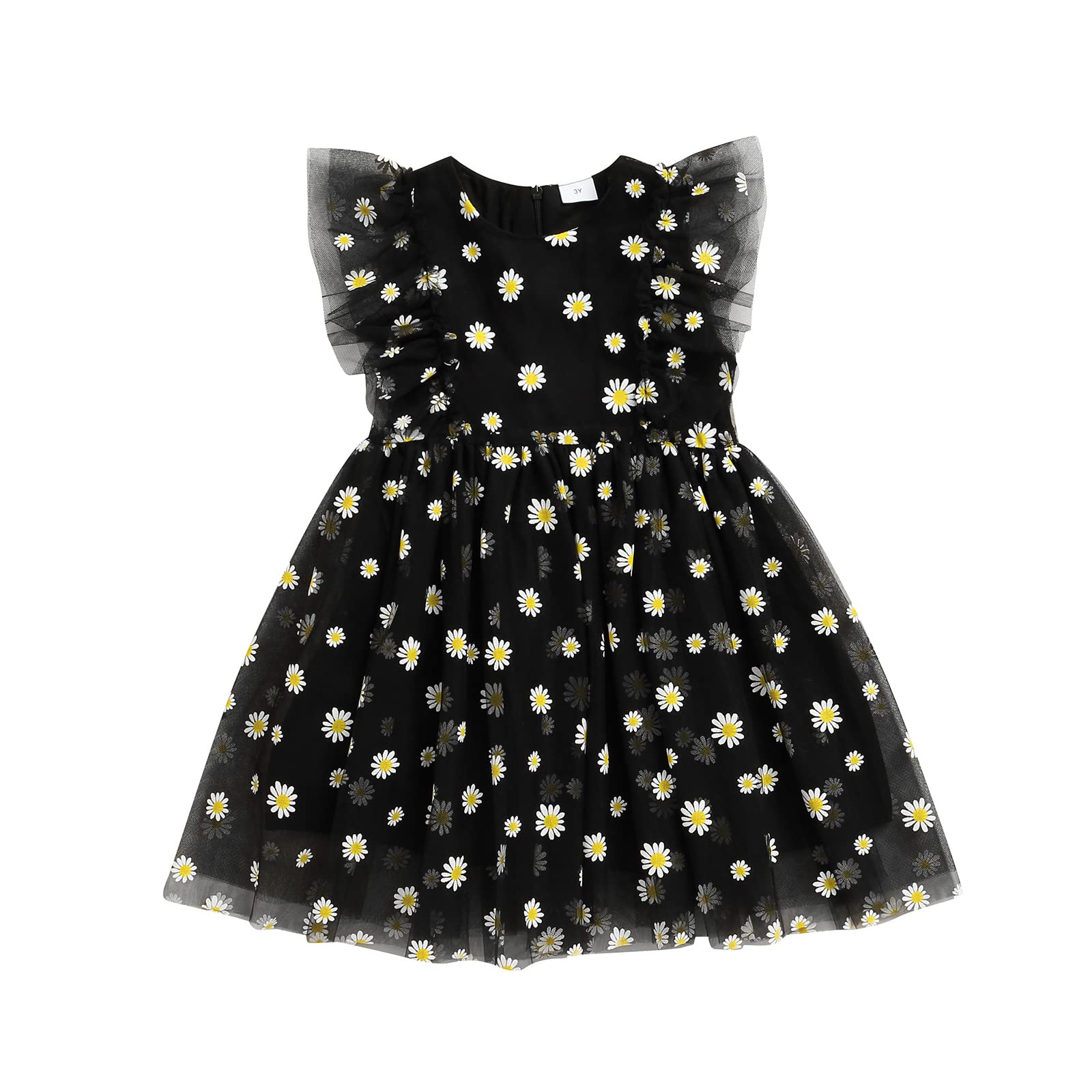 Baby Girl Daisy Ruffled Dress - Round Neck Flutter Sleeve Mesh Tutu Princess Party Dress for Birthday, Photo Shoot & Special Occasions
