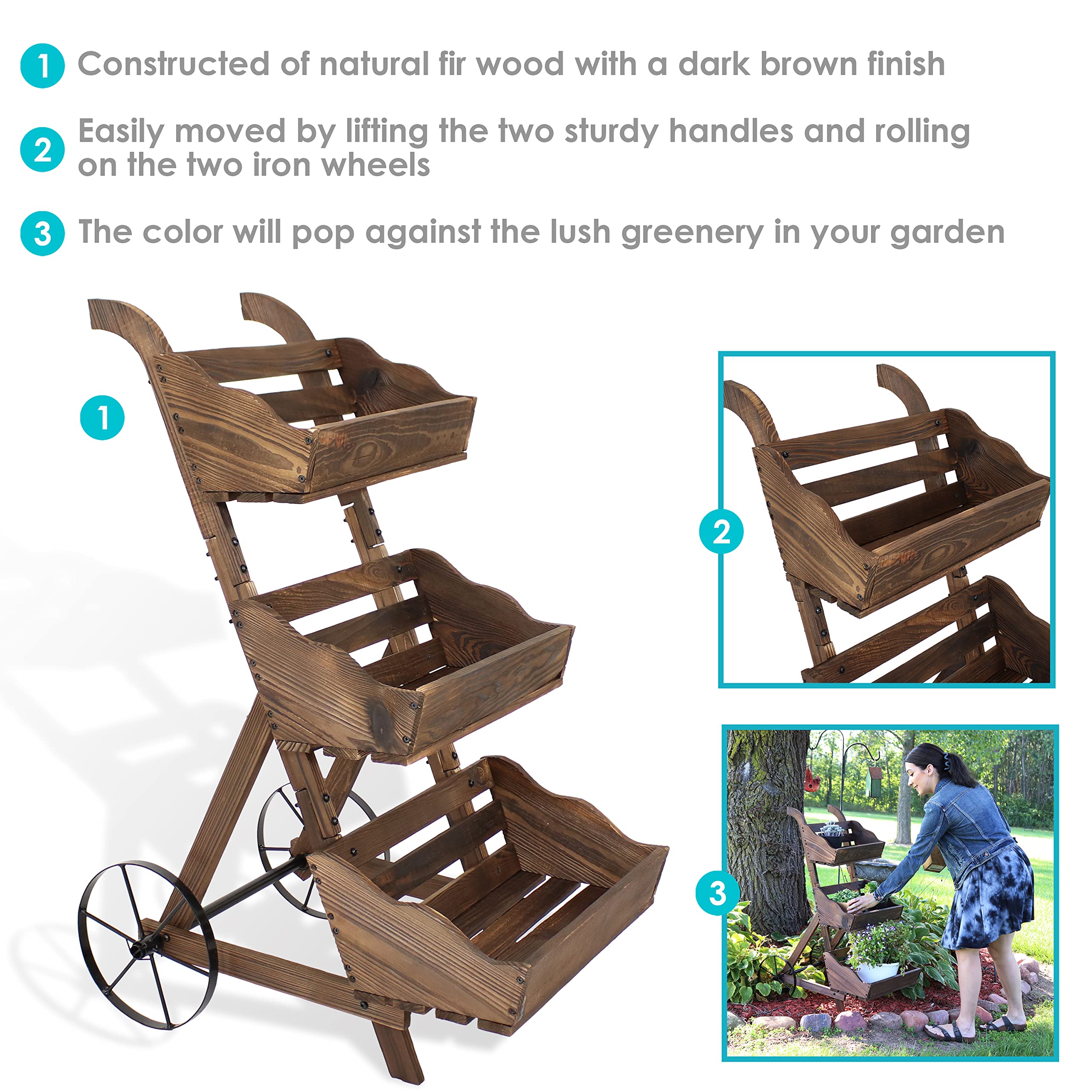 3-Tier Wooden Plant Stand with Iron Wheels - Mobile Rolling Garden Cart for Indoor/Outdoor Plants - 39.25 Inch Height Brown Finish - Perfect for Patio, Balcony & Home Decor