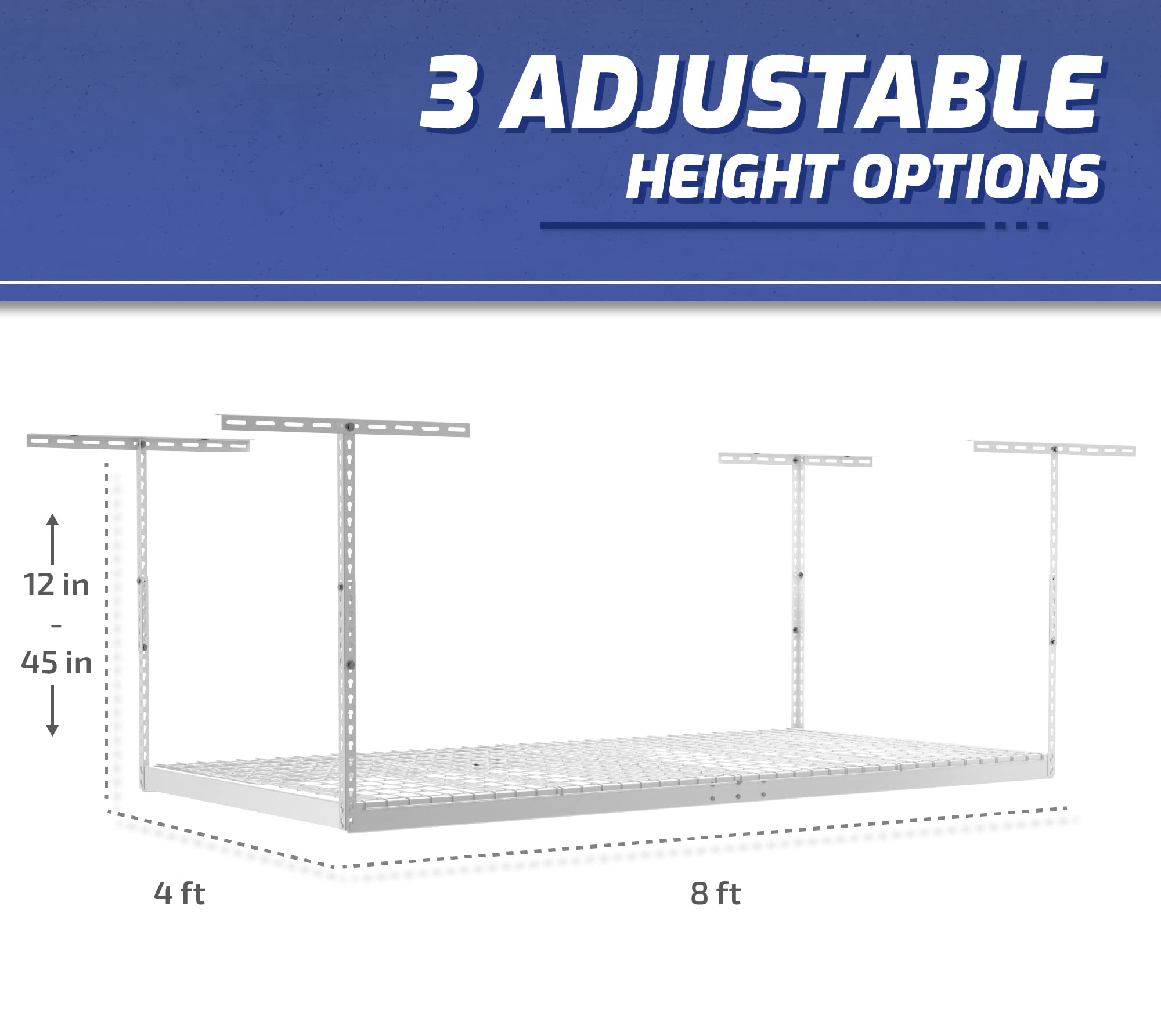 Heavy Duty Overhead Garage Storage Rack 4x8 White - 600 lb Capacity Adjustable Ceiling Mount (2 Pack) - Perfect for Organizing Sports Gear, Holiday Decorations & Seasonal Items in Your Garage