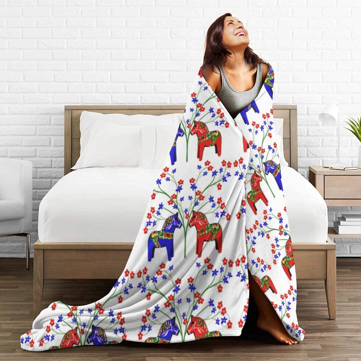 Soft Floral Swedish Dala Horses Sherpa Fleece Throw Blanket - 40