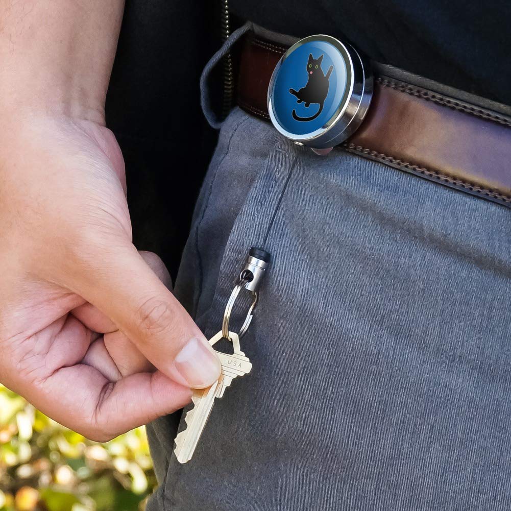 Black Cat Lifting Leg Keychain - Heavy Duty Metal Retractable ID Badge Holder with Belt Clip for Work, Office, and Security Access