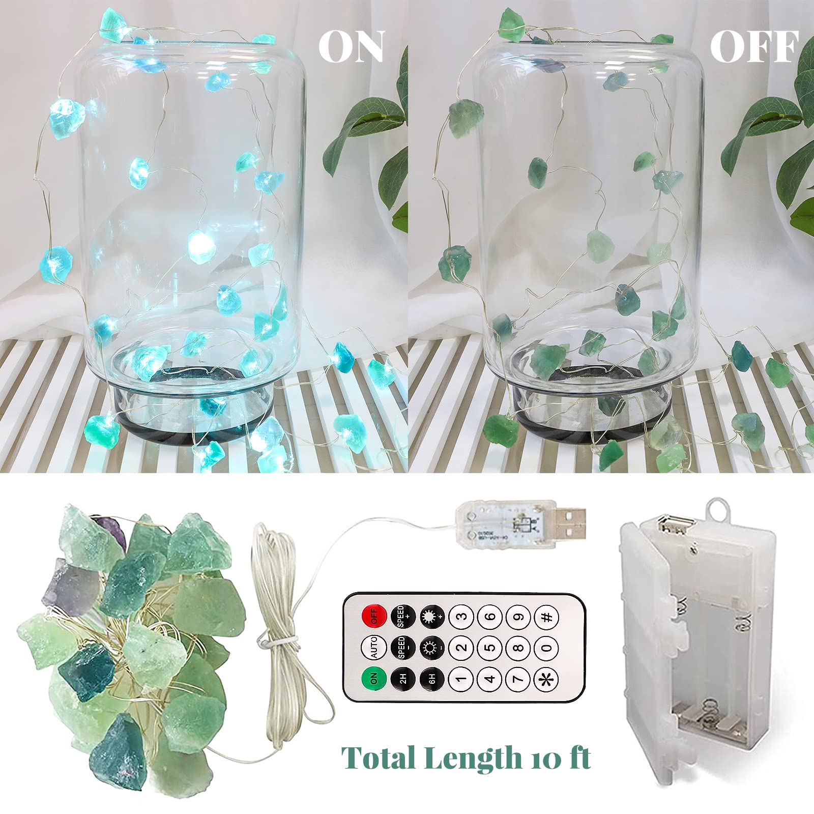 Crystal String Lights Battery Operated & USB Powered with Remote - 10FT 30 LED Fairy Lights with Sea Glass Fluorite Beads for Beach Theme Decor, Indoor Bedroom, Birthday Party & Wedding Decorations - Perfect for Home, Garden, Patio and Holiday Lighting