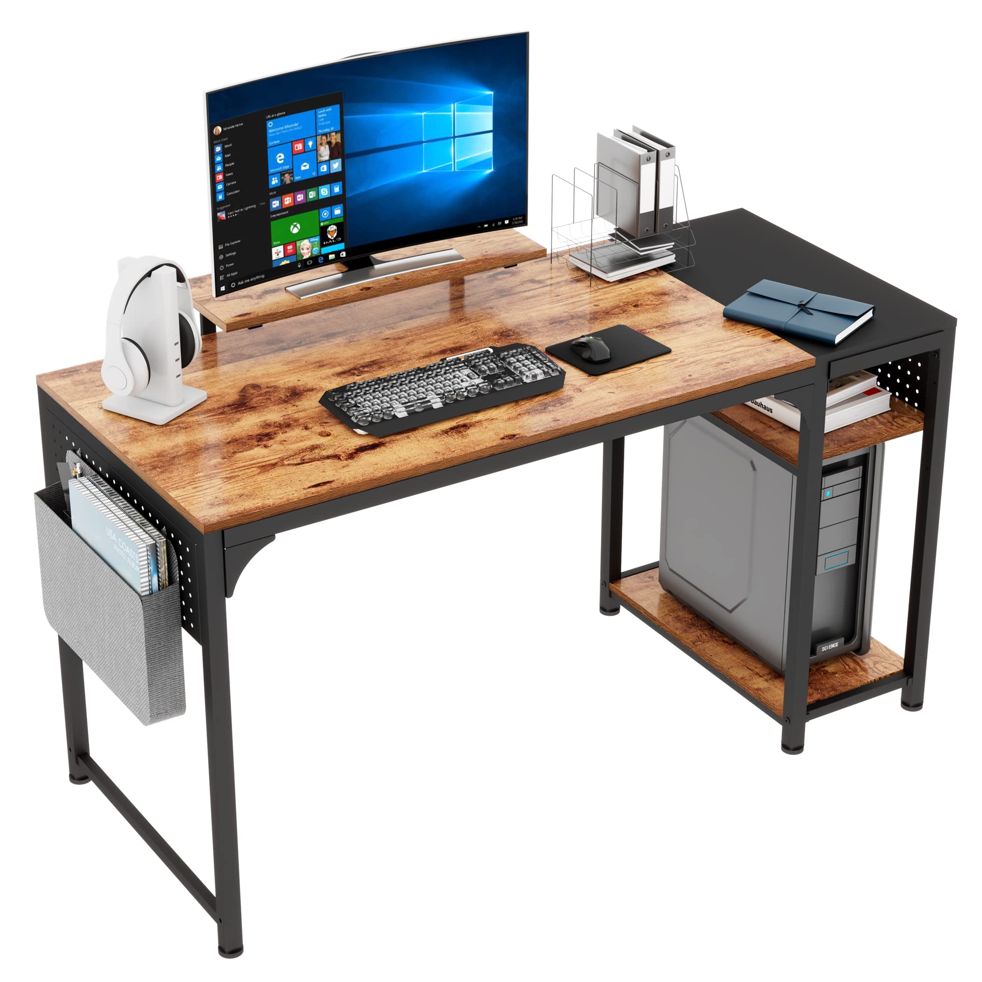 47 Inch Rustic Brown Computer Desk with Monitor Stand & Storage Shelves - Large Home Office Desk for Work, Study, Writing & Gaming - Sturdy Black Metal Frame Workstation with Dual Pegboard Organizers & Accessories - Perfect for Small Spaces, Dorm Rooms & Home Offices