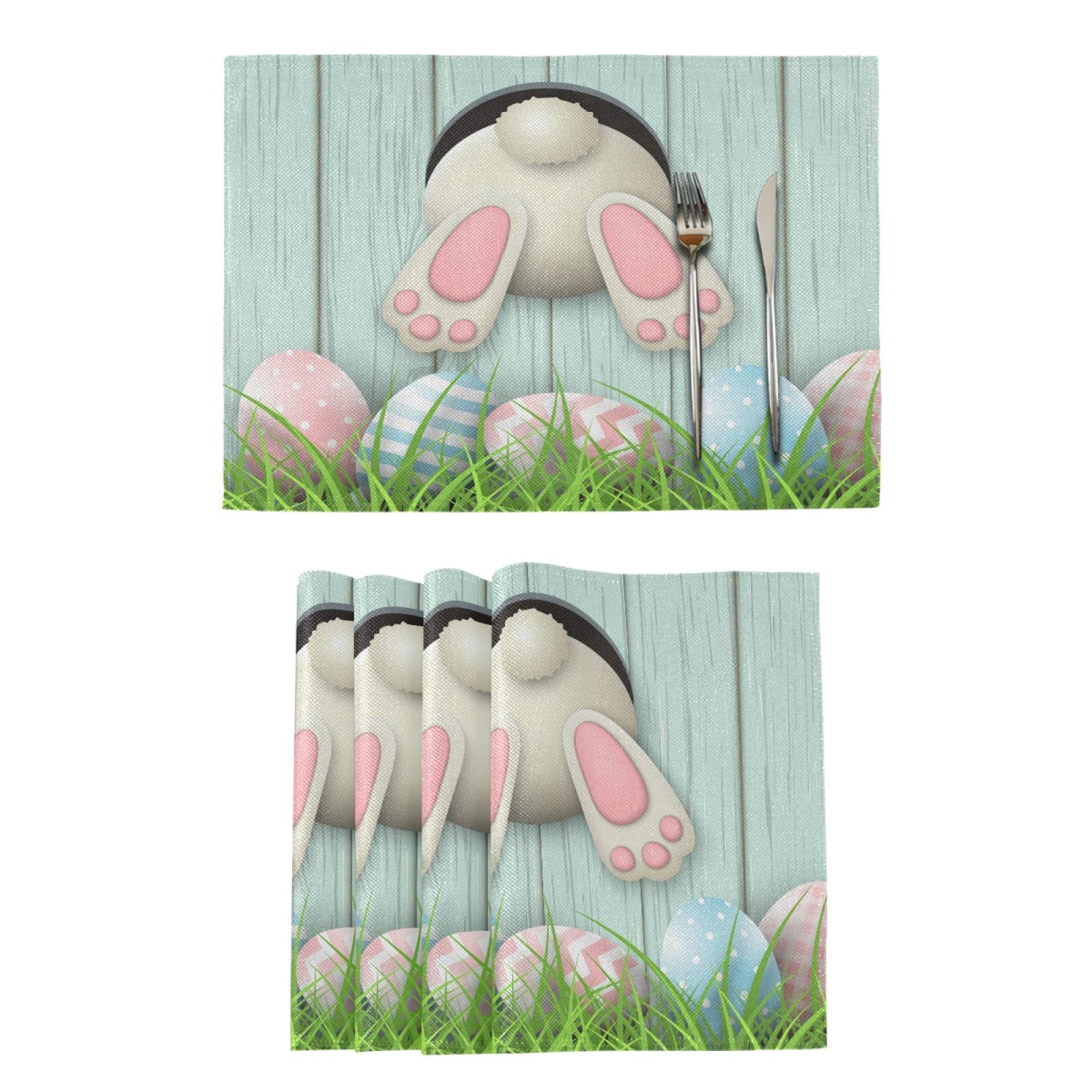 Happy Easter Placemats Set of 4 - Bunny Basket Eggs Butterfly Tulips Rabbit Design - Washable Wooden Kitchen Table Mats (12x18 Inch) - Perfect for Easter Brunch, Spring Dining Decor & Holiday Table Setting