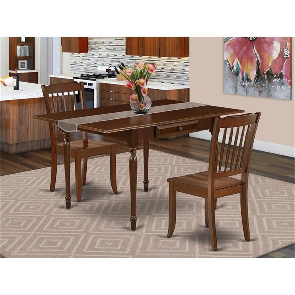 East West Furniture MZDA3-MAH-W 3-Piece Mahogany Dining Set with Drop-Leaf Table (36x54 Inch) & 2 Chairs – Perfect for Small Kitchens, Breakfast Nooks & Cozy Apartments