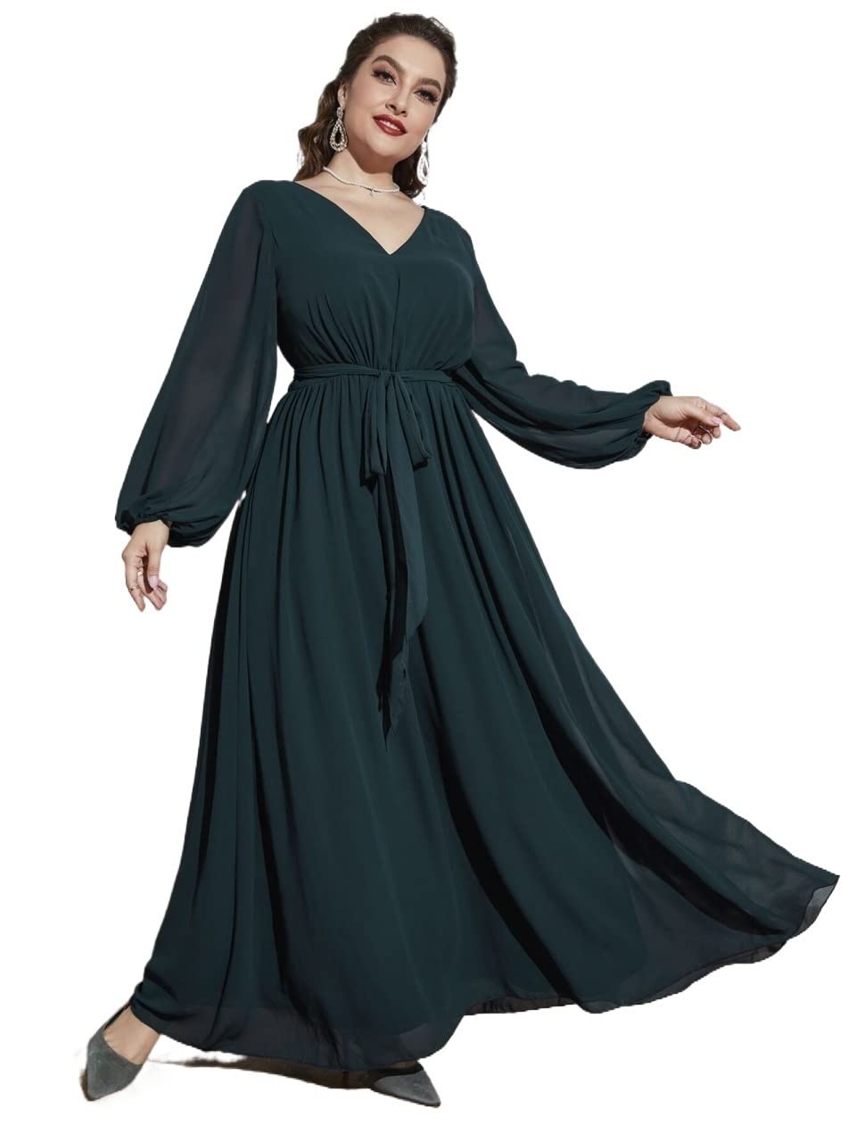 INOUJEKER Women's Plus Size Lantern Sleeve Belted Maxi Dress - Dark Green, Large | Elegant Flowy Midi Dress for Casual Outings, Parties & Special Occasions