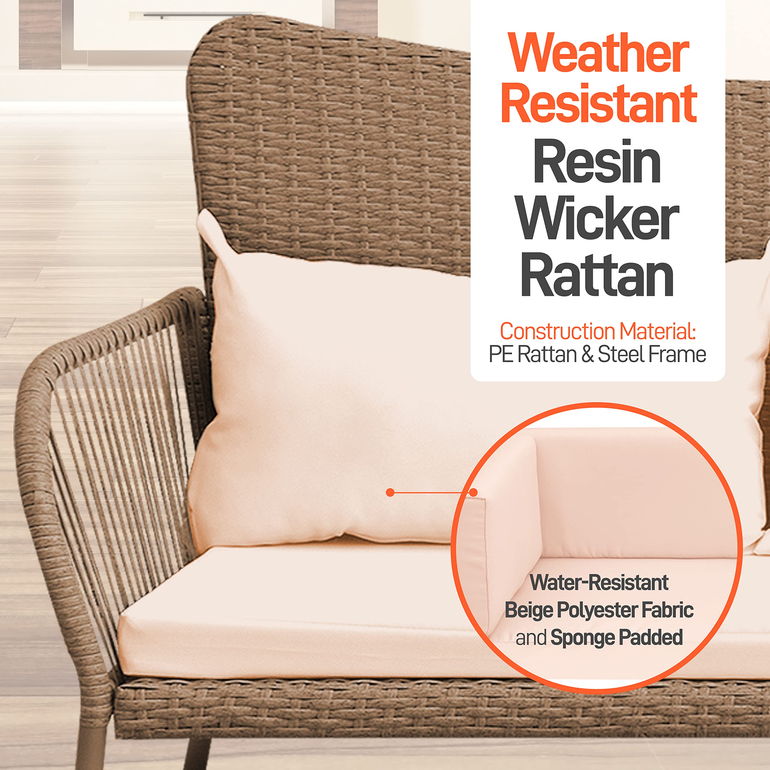 SereneLife 4-Piece Outdoor Rattan Patio Furniture Set with Cushions - 1 Double Sofa, 2 Single Chairs & Glass-Top Coffee Table (Beige) - Perfect for Garden, Poolside, and Backyard Relaxation
