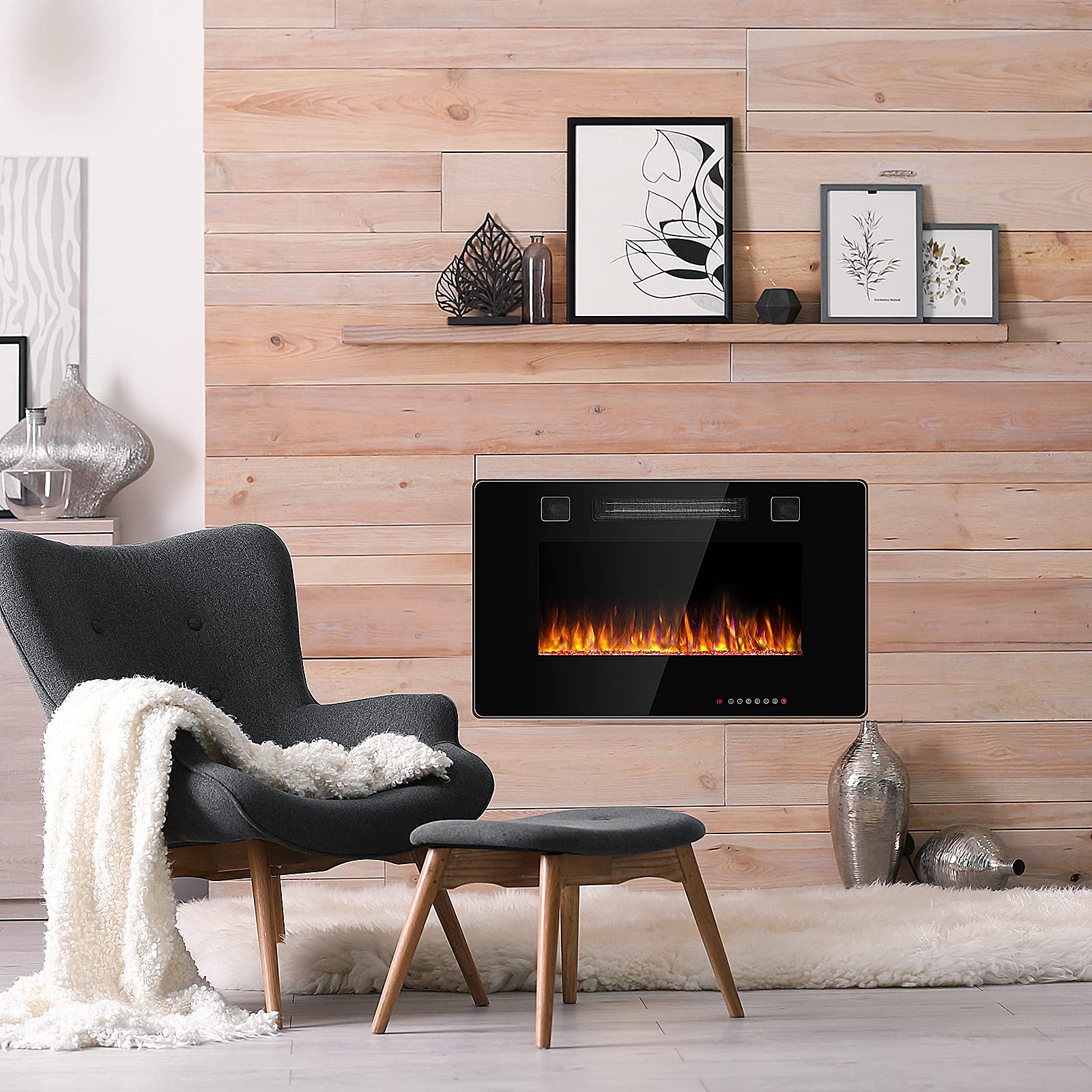 COSTWAY 30-Inch Electric Fireplace Insert with Remote - 750W/1500W Wall Recessed or Mounted Heater - 12 Flame Colors & 5 Brightness Settings - 8H Timer - Indoor Use for Living Room, Bedroom, Office