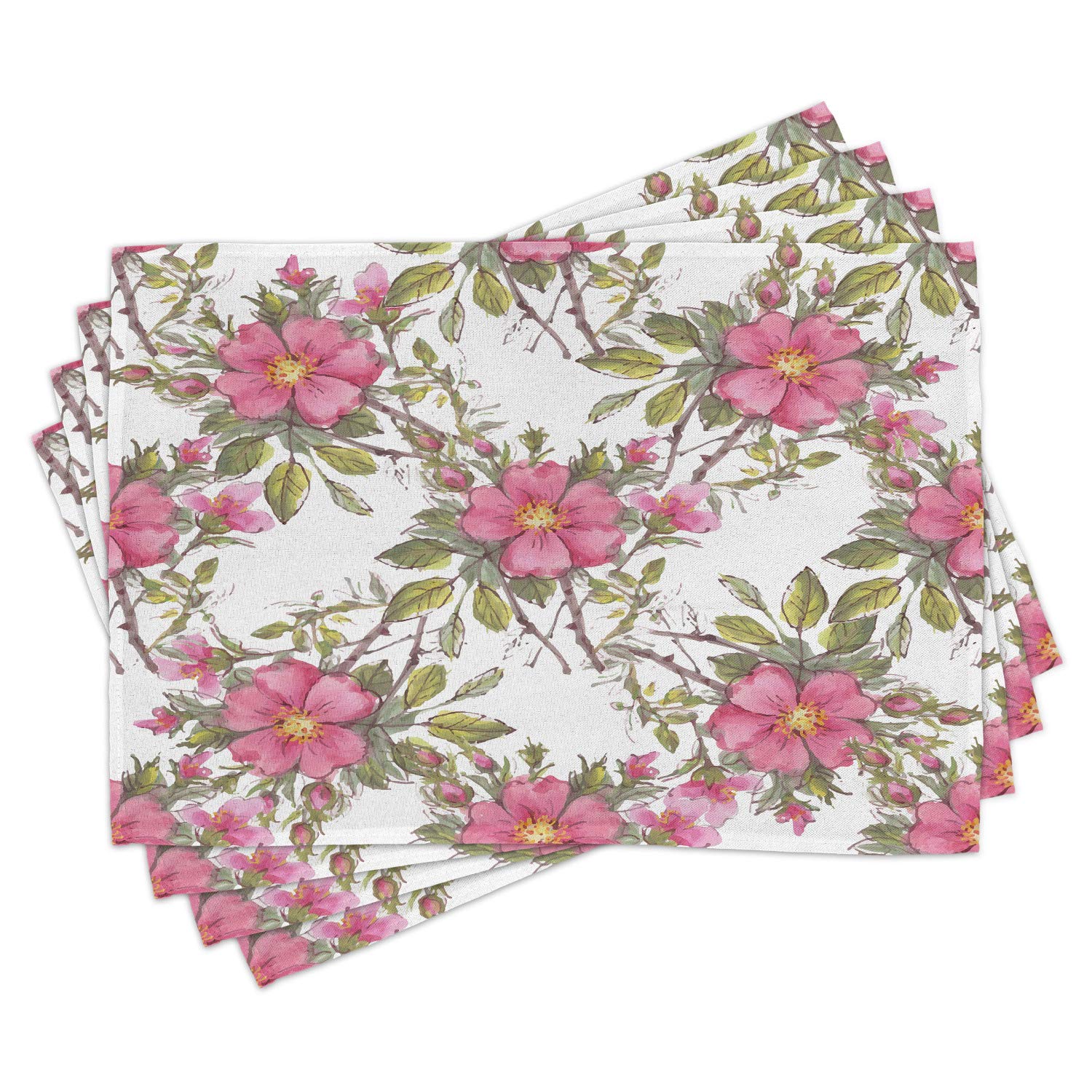 Ambesonne Floral Placemats Set of 4 - Watercolor Dog Rose Garden Design with Leaves & Buds, Washable Fabric Table Mats for Dining Room & Kitchen Decor in Pale Pink, White & Lime Green | Perfect for Spring Tablescapes, Brunch Parties & Farmhouse Style Dining
