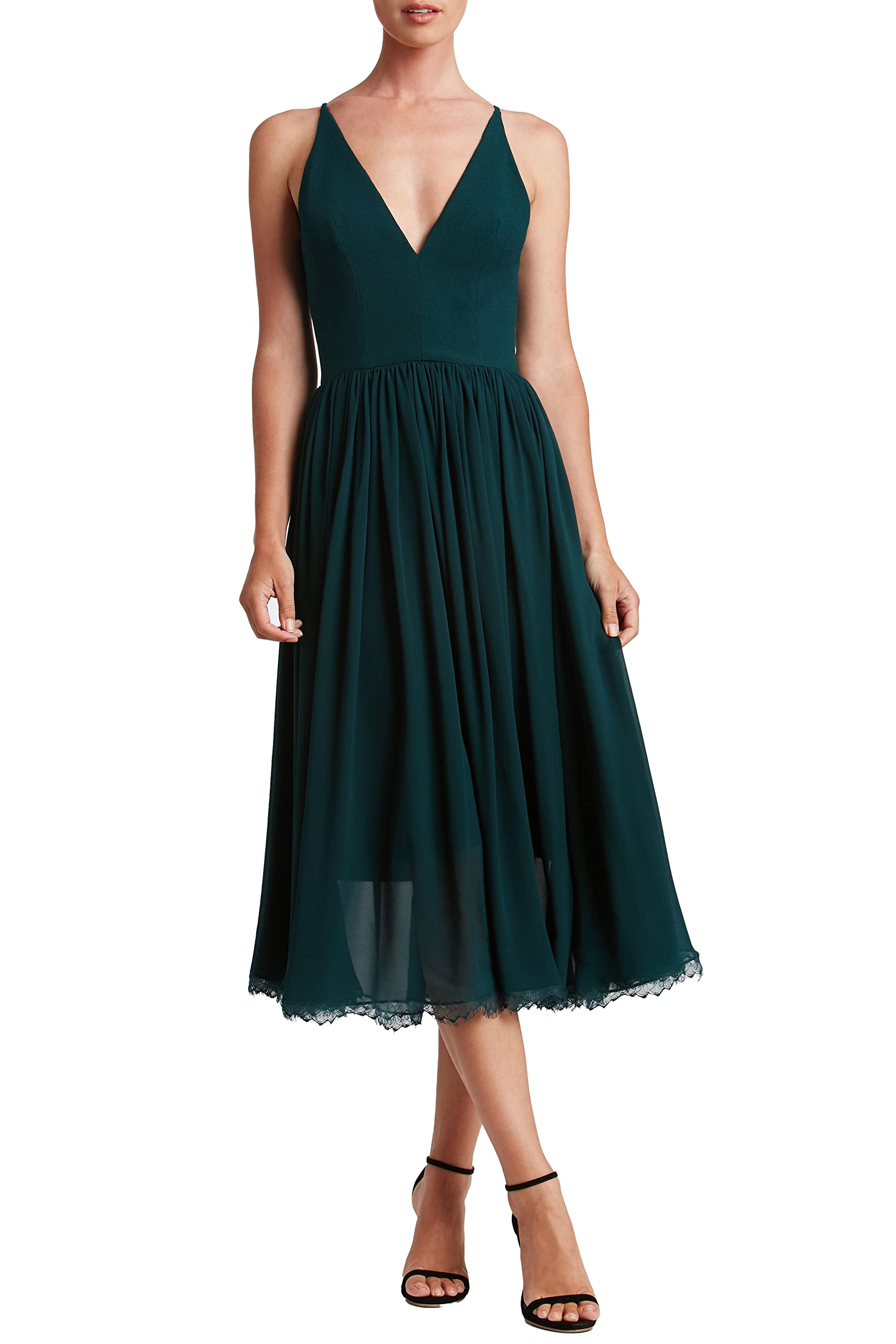 Dress the Population Women's Alicia Plunging V-Neck Sleeveless Fit & Flare Midi Dress - Perfect for Cocktail Parties, Date Nights & Special Occasions