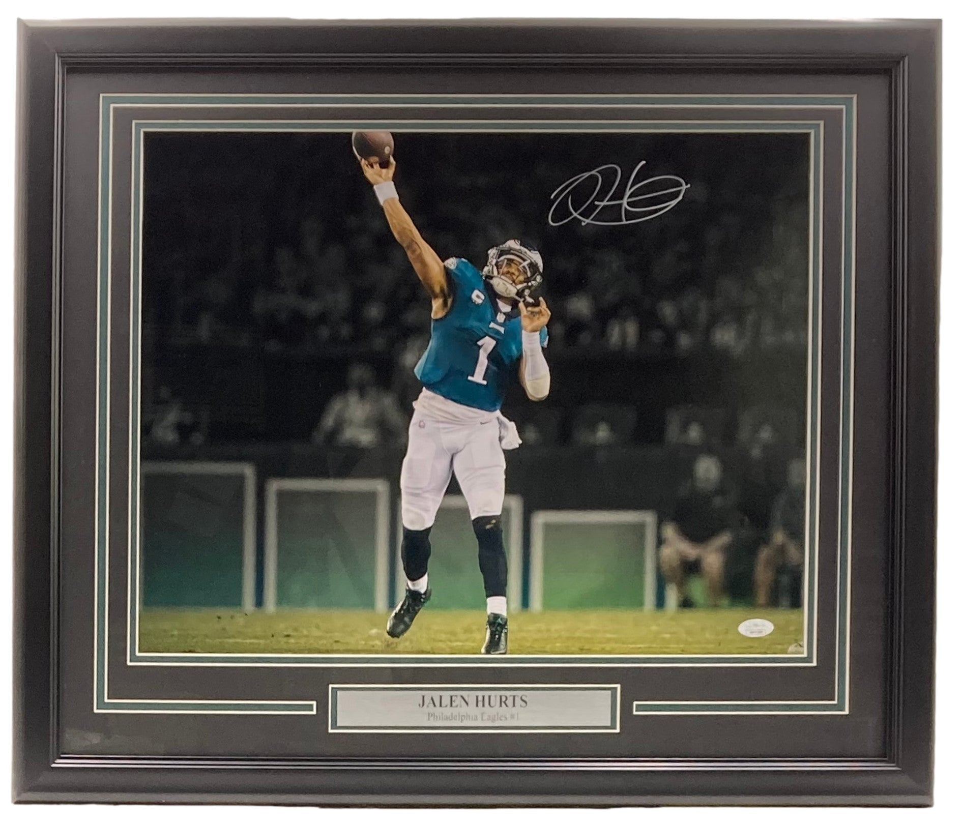 Jalen Hurts Autographed Signed Framed 16x20 Philadelphia Eagles Football Photo with JSA COA - Perfect for Eagles Fans, Sports Memorabilia Collectors, and Home Office Decor