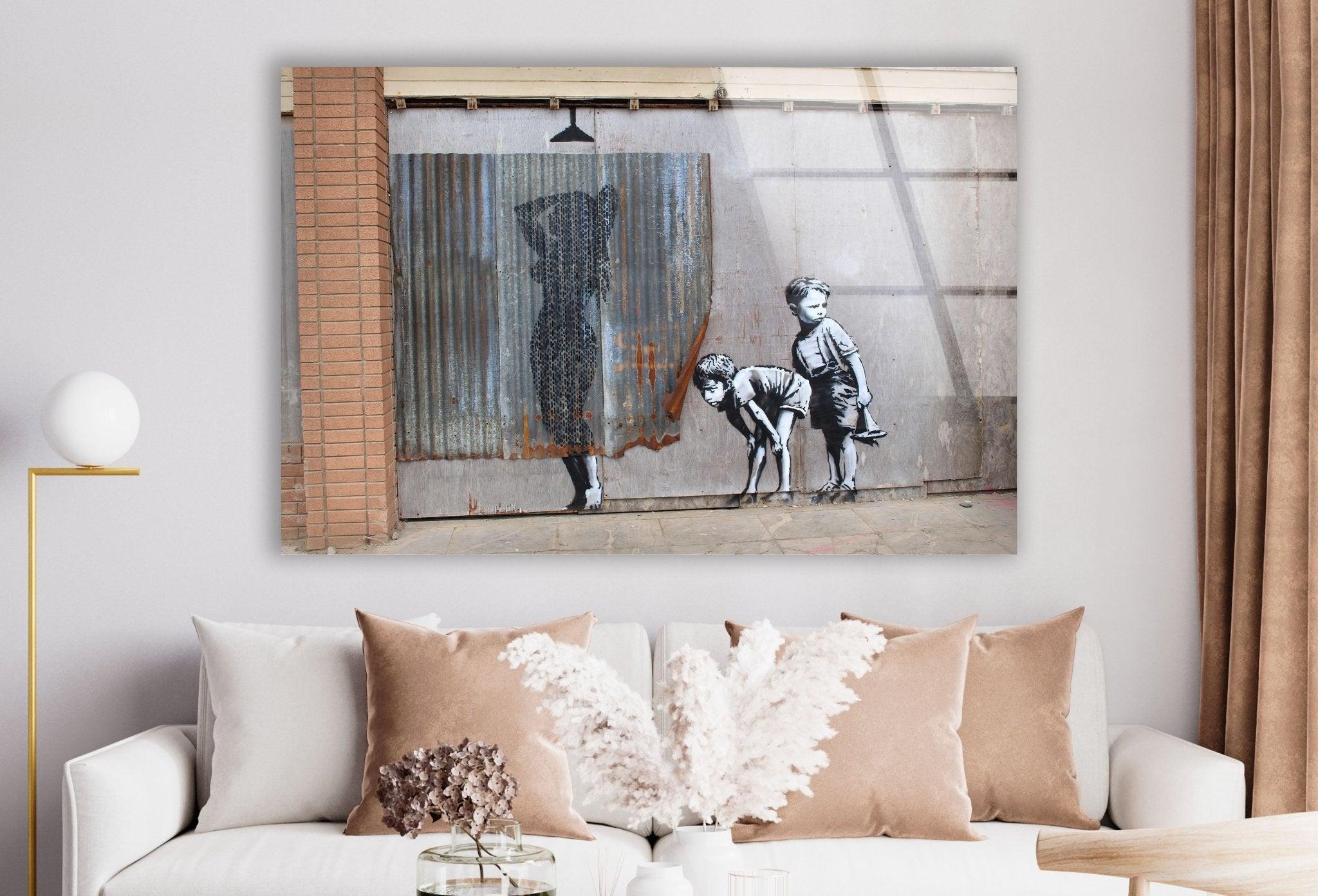 Banksy Shower Peeping Boys Framed Glass Wall Art - Modern Home Decor for Living Room, Bedroom & Office