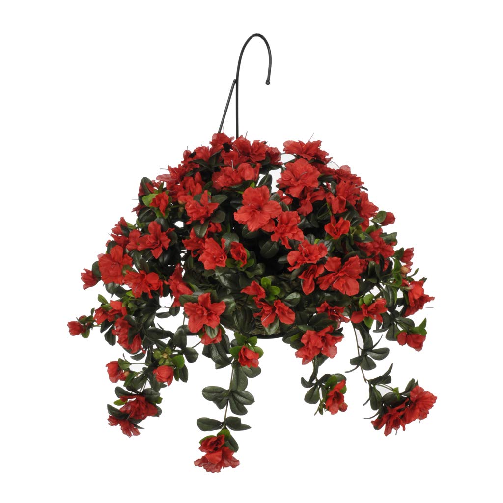 House of Silk Flowers Artificial Red Azalea in Natural Water Hyacinth Hanging Basket - Perfect for Indoor/Outdoor Decor, Patio, Garden, and Porch