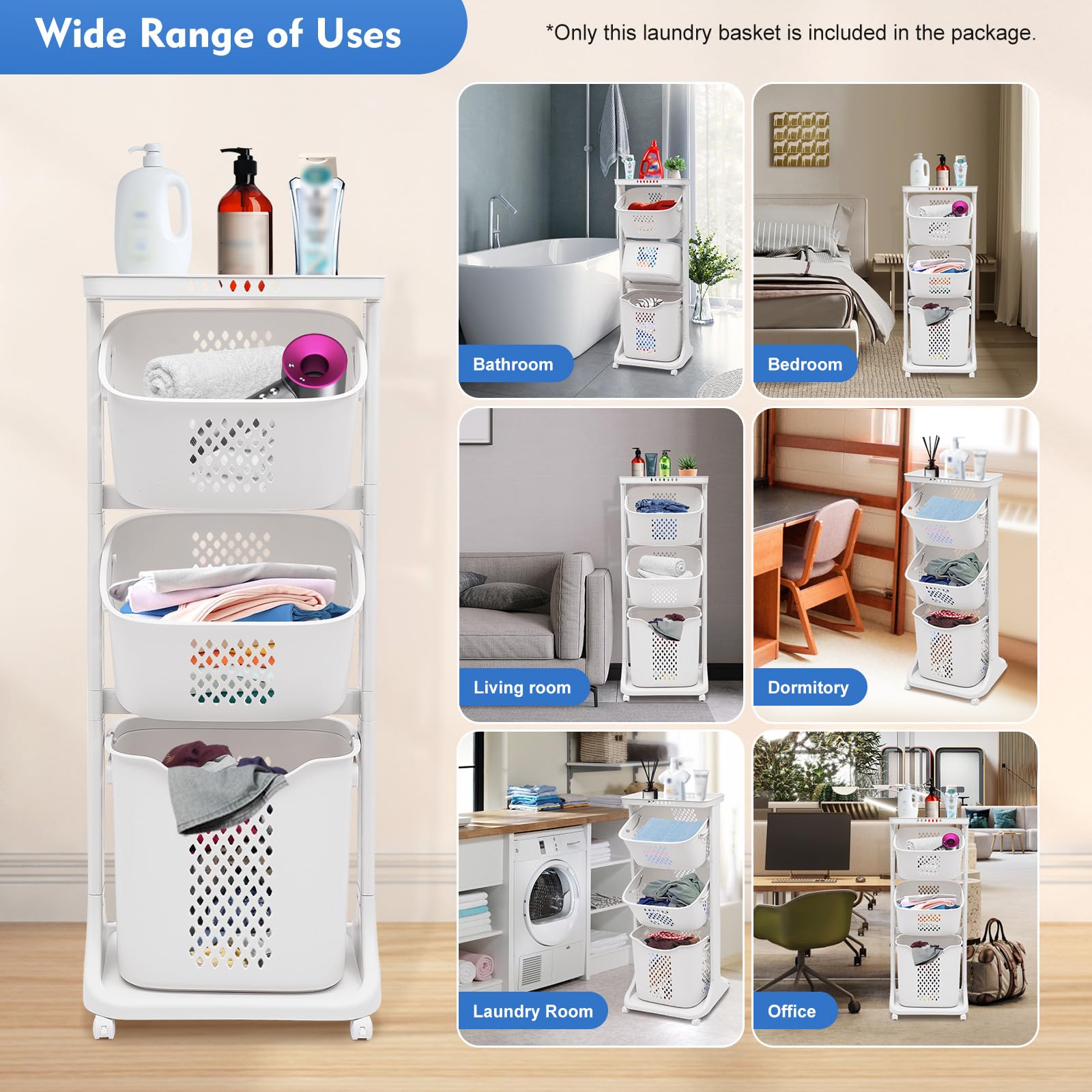 Large Rolling Laundry Basket Tower with Wheels - 17 x 13 x 43 Inch Multifunctional Plastic Storage Organizer for Laundry Room, Bedroom & Closet | Space-Saving Laundry Hamper with Easy Mobility