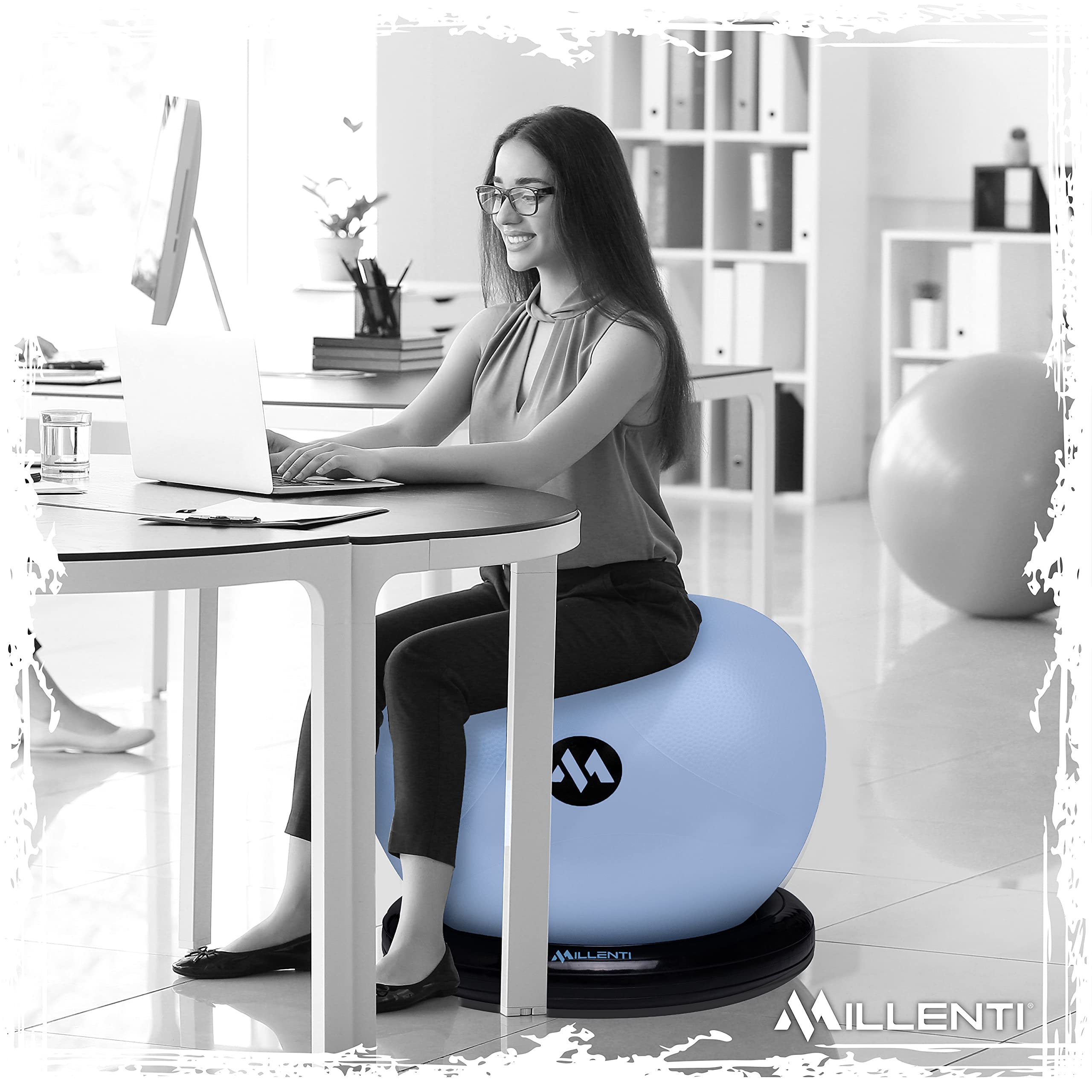 Millenti 65cm Exercise Ball Chair with Stability Base Ring Kit & Resistance Bands - Yoga, Pilates, Home Gym, Office Chair, Pregnancy Birthing Ball - Includes Workout Chart - Perfect for Home Fitness, Office Ergonomics, Prenatal Yoga and Postpartum Recovery