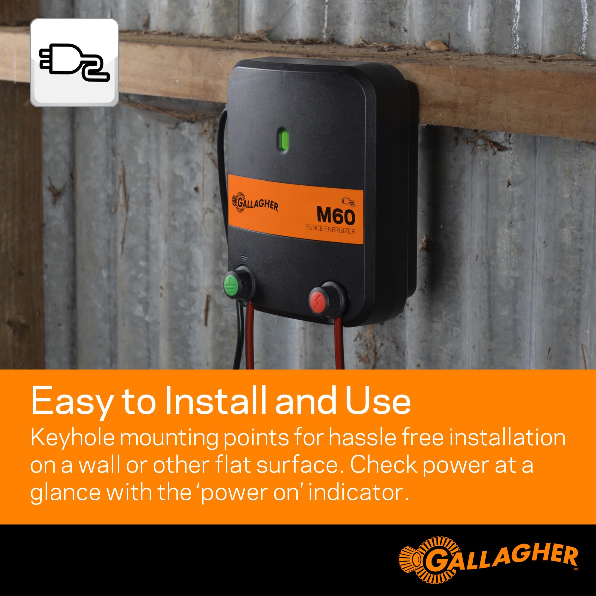 Gallagher M60 Electric Fence Charger - 0.6 Joule Energizer for 10 Miles/40 Acres - 110V AC Power with Backup Reserve - Durable & Easy Install - Perfect for Livestock, Farms & Property Protection