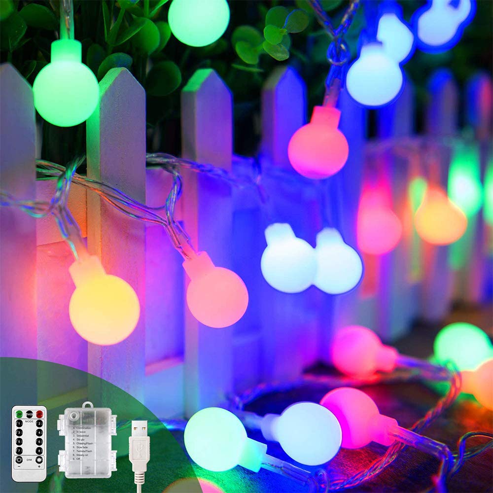 40ft 100 LED Battery Operated USB 2-in-1 String Lights with Timer & Memory Function - 8 Lighting Modes Multicolor Globe Fairy Lights for Christmas Decorations, Patio Party, Bedroom, Indoor & Outdoor Use