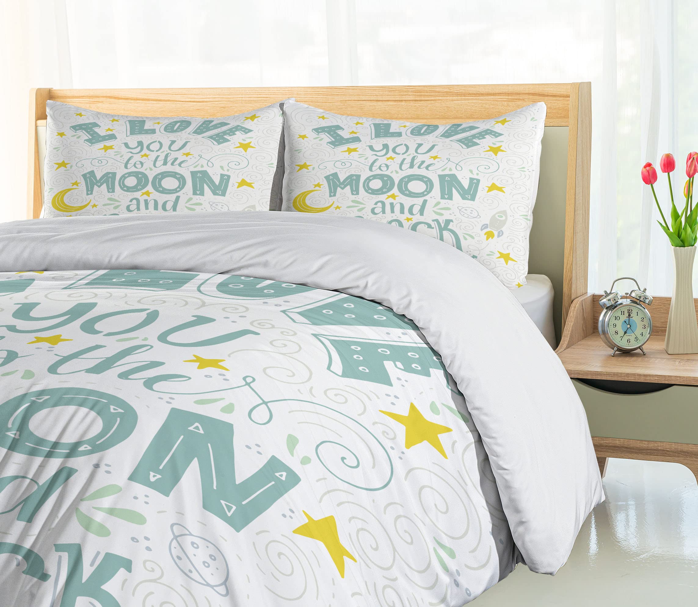 Ambesonne I Love You to The Moon and Back Duvet Cover Set - Crescent Moon, Stars & Galaxy Print 3-Piece Queen Bedding Set with 2 Pillow Shams in White Pale Seafoam | Space-Themed Bedroom Decor for Kids & Teens | Perfect for Nursery, Dorm Room or Gift