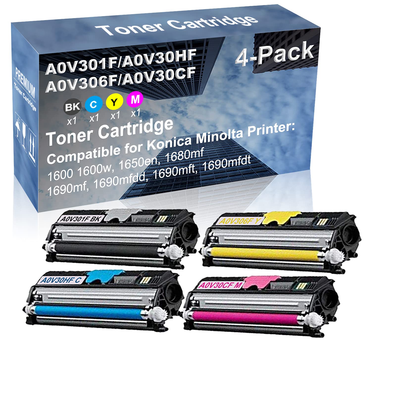 4-Pack High Yield Compatible Toner Cartridge (BK+C+Y+M) for Konica Minolta 1690MFDD/1690MFT/1690MFDT Printers - A0V301F+/A0V30HF+/A0V306F+/A0V30CF+ Replacement - Perfect for Office Printing & High Volume Documents