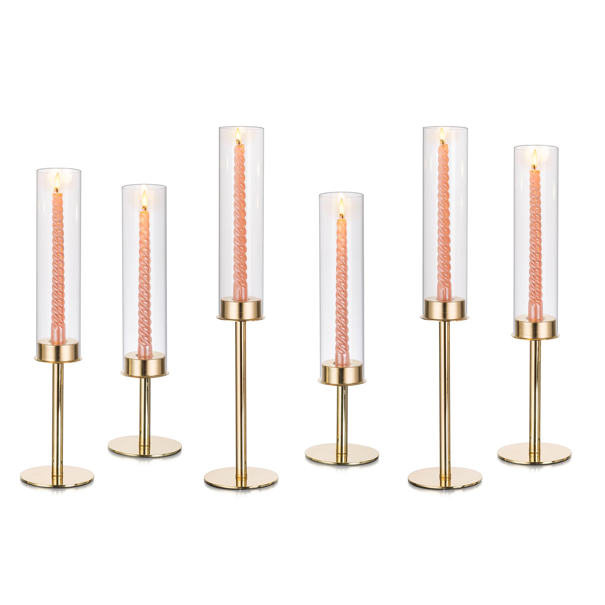 Glasseam Gold Hurricane Candlestick Holders - Set of 6 Tall Taper Candle Holders with Glass Chimney for Wedding Centerpieces, Dining Table Decor, Christmas & Holiday Home Decoration | Elegant Table Setting & Romantic Ambiance Lighting