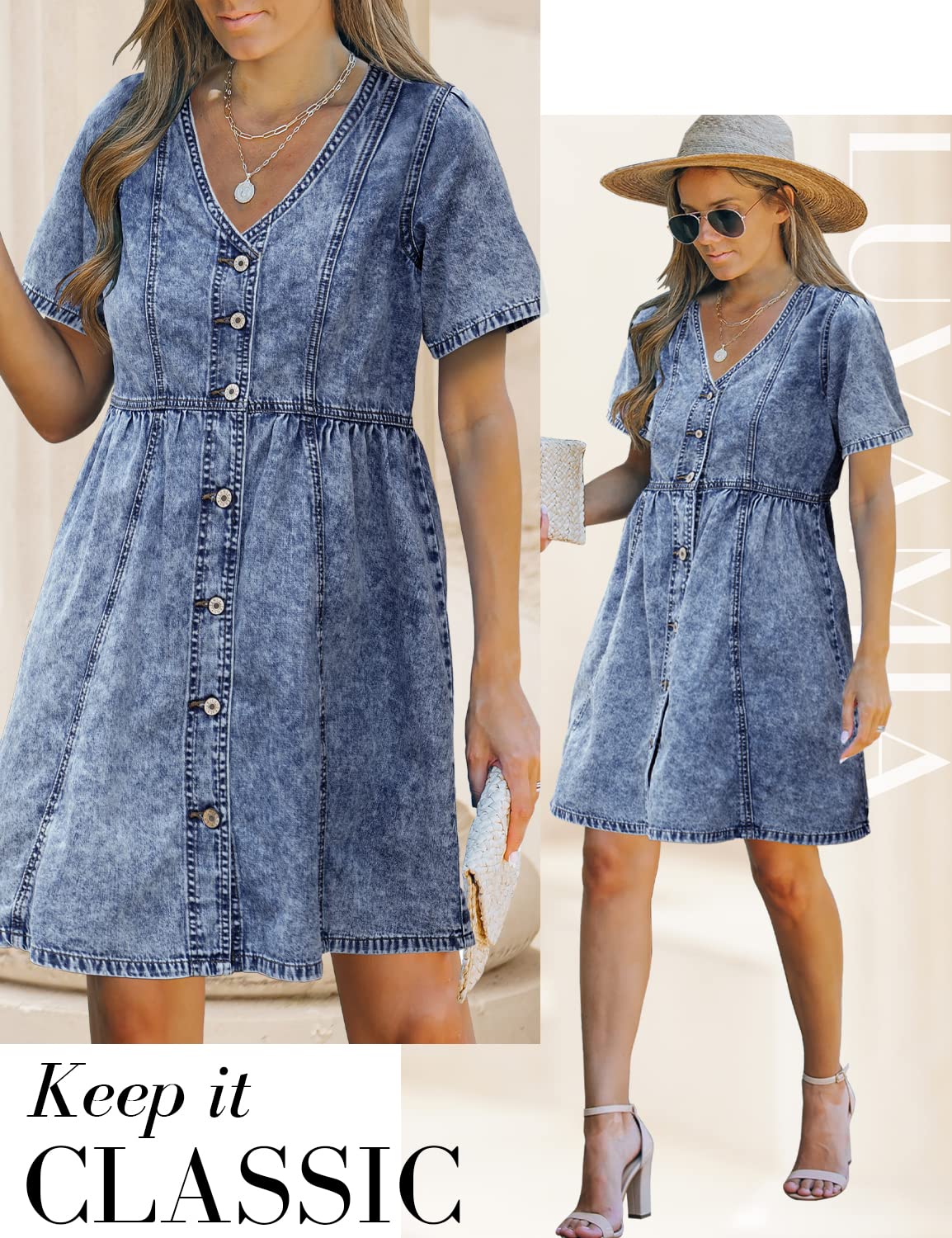Luvamia Women's Denim Dress - Button Down Western Short Jean Dress for Summer | Casual Outfit, Beach Wear & Boho Style Fashion