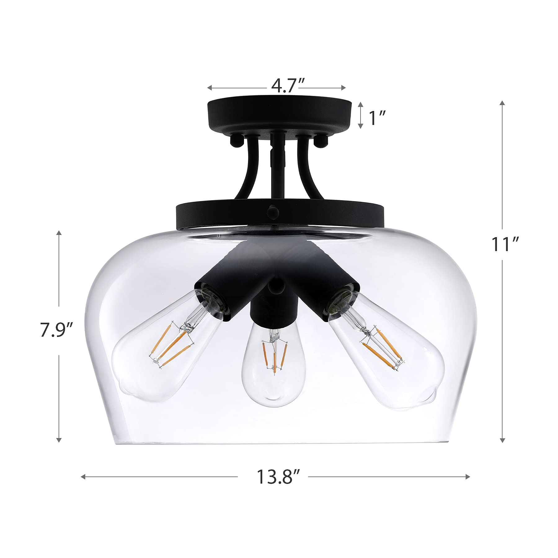 VONLUCE Modern Industrial Clear Glass Shade 3-Light Semi Flush Mount Ceiling Fixture, 35cm Matte Black Pendant Light for Kitchen Island, Dining Room, Bedroom, Hallway & Living Room - Perfect for Ambient Lighting in Modern Homes and Commercial Spaces