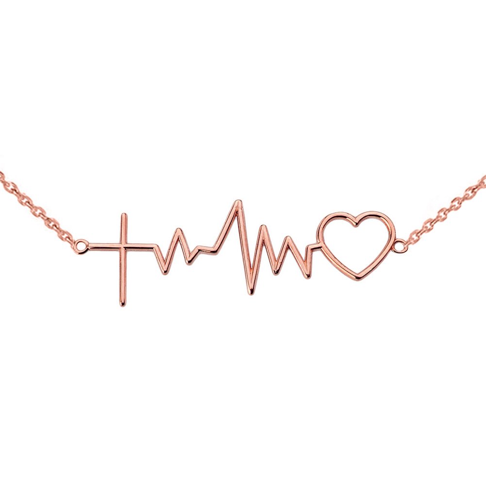 14K Rose Gold Heartbeat Love Cardiogram Cross Necklace - Romantic Gift for Her, Valentine's Day, Anniversary & Special Occasions