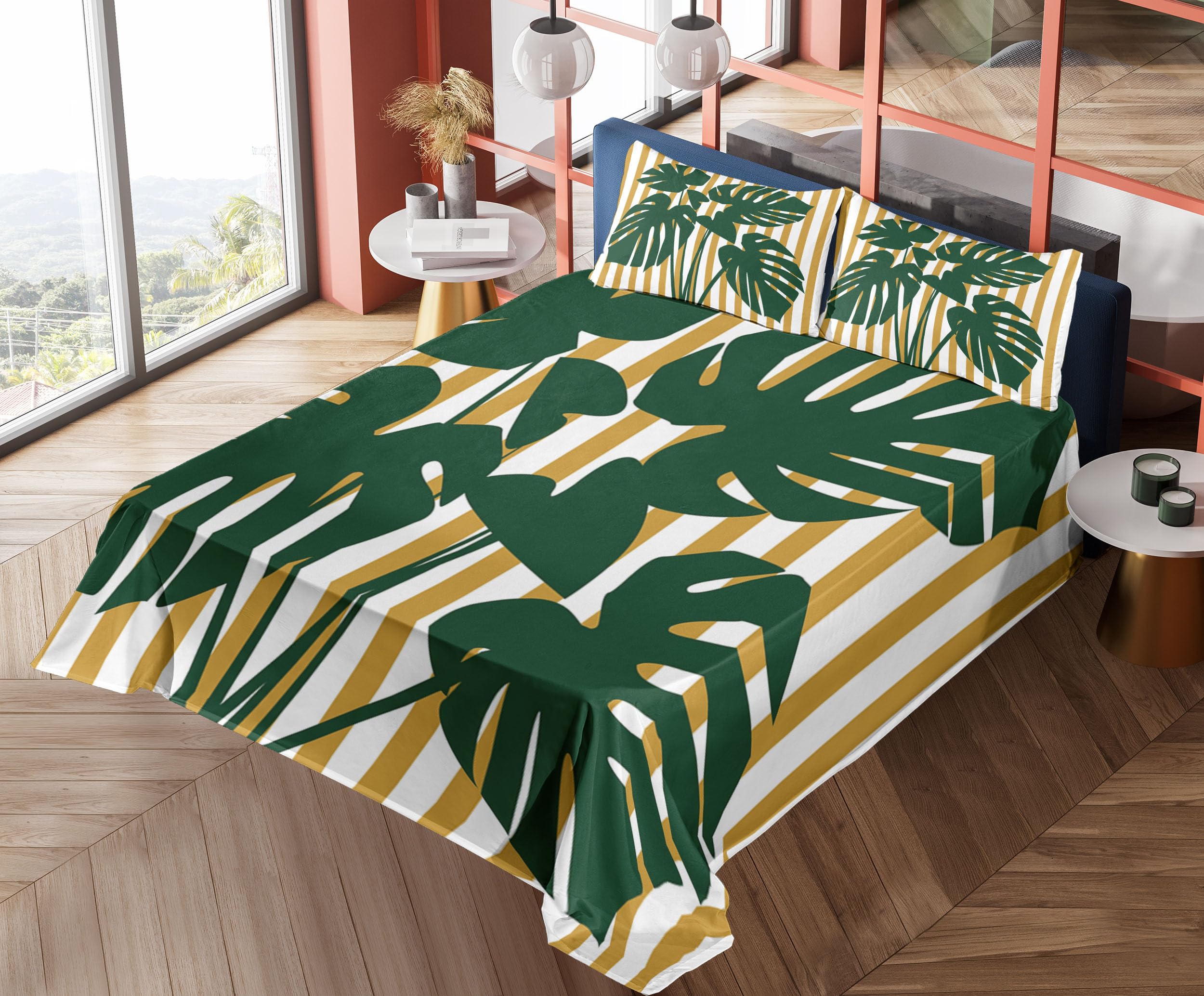 Ambesonne 4-Piece King Size Tropical Bedding Set - Hawaiian Monstera Leaves & Vertical Stripes Design, Fitted Sheet, Flat Sheet & 2 Pillowcases - Pale Coffee & Hunter Green - Perfect for Beach House, Tropical Themed Bedrooms & Vacation Home Decor