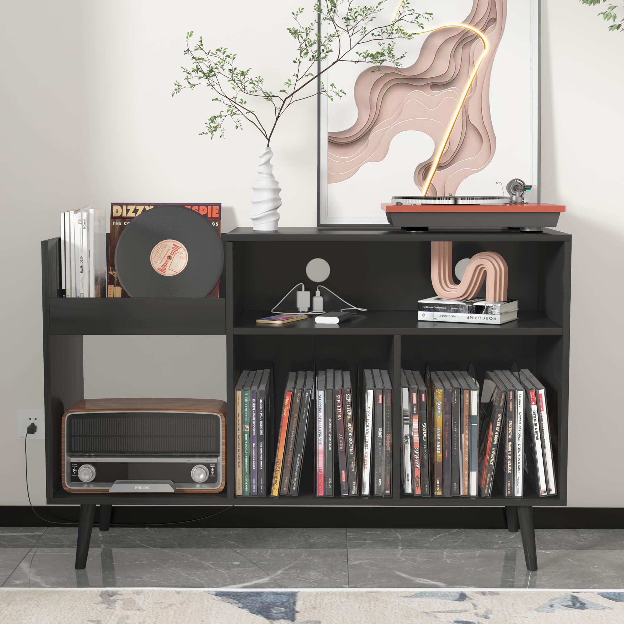 Mid Century Modern Record Player Stand with Charging Station & USB Ports - Vinyl Record Storage Cabinet Holds 350 Albums - Perfect for Living Room, Home Theater & Music Studio Decor