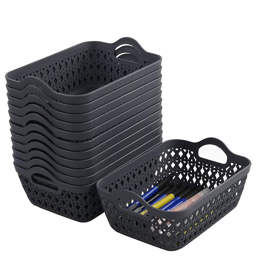12-Pack Mini Grey Plastic Storage Baskets & Trays - Organize Home, Office, Bathroom & Kids' Toys - Stackable Multi-Purpose Storage Solution