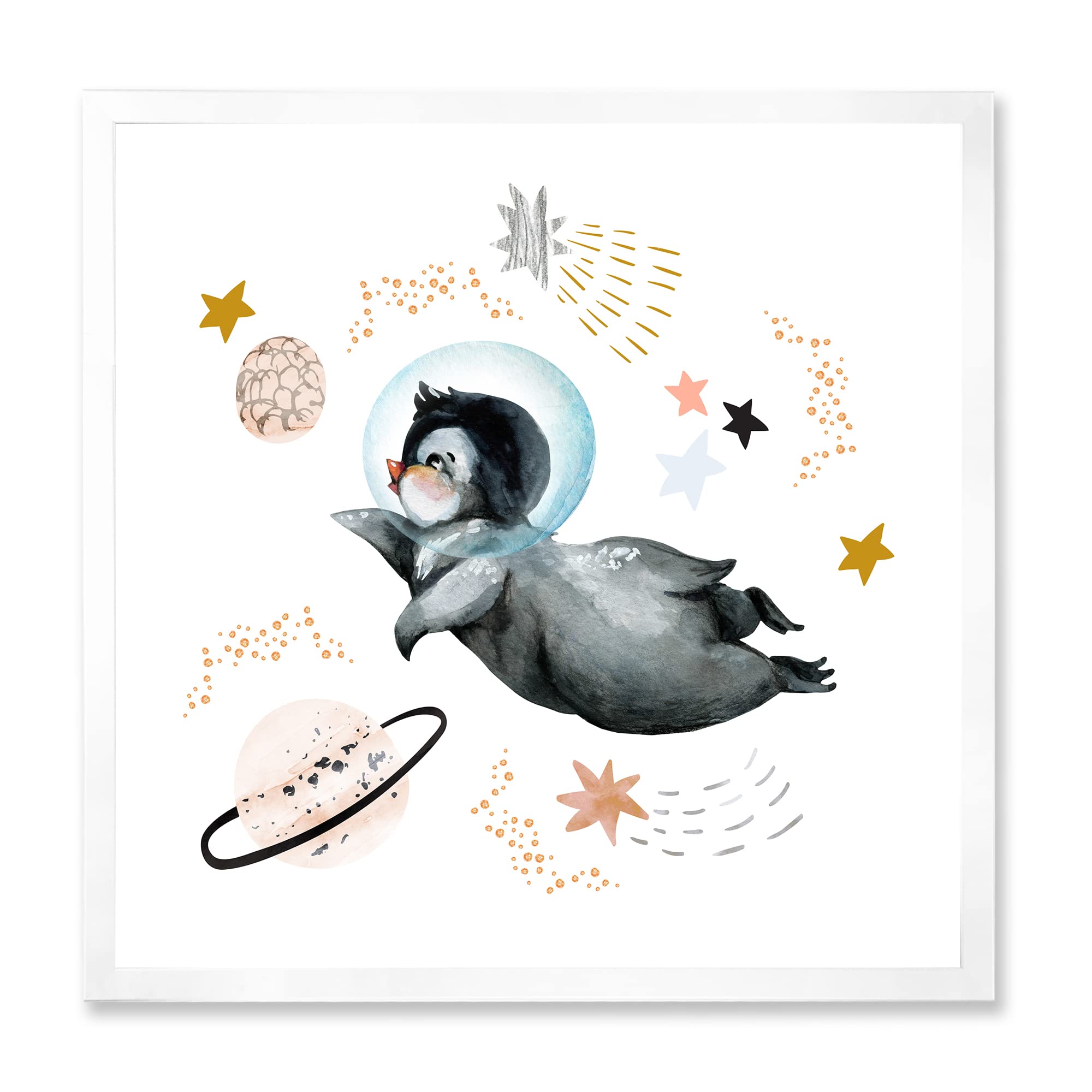 Little Penguin Flying Stars and Planets II Farmhouse Framed Wall Art - Vintage Celestial Nursery Decor for Kids Room, Living Room & Bedroom