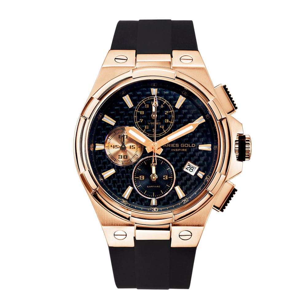 ARIES GOLD Monarch Rose Gold Stainless Steel Men's Watch with Black Synthetic Strap - Stylish & Durable for Business, Casual & Formal Occasions