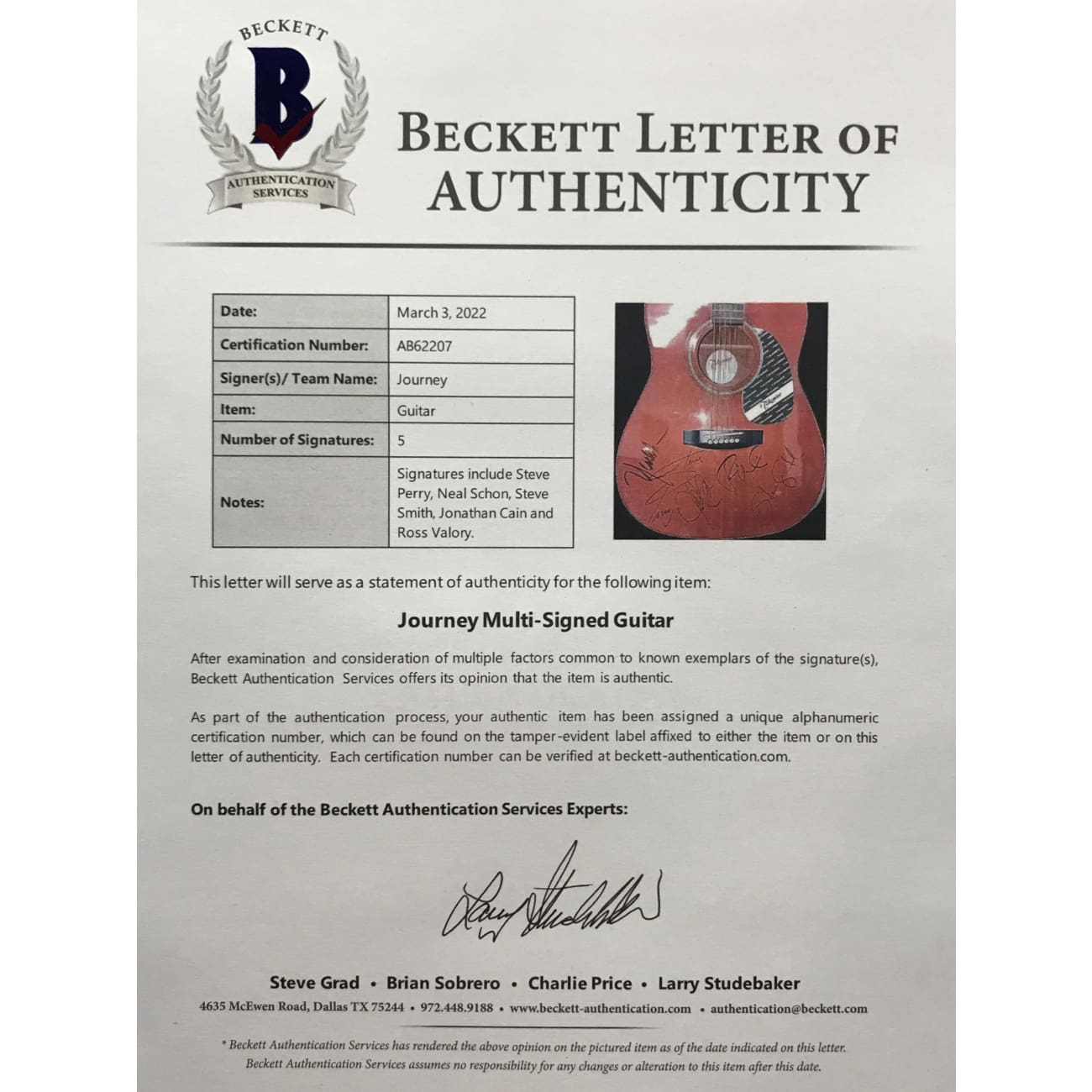 Journey Perry Schon Cain Smith Valory Signed Guitar with BAS LOA - Rare Collectible Autographed Rock Memorabilia for Music Fans & Display