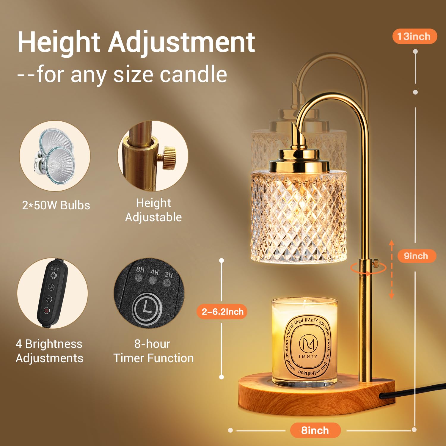 Upgraded Candle Warmer Lamp with Timer (2/4/8 Hours), 4-Level Dimmer & Height Adjustable - Includes 2 Bulbs - Perfect for Home Decor, Christmas, Birthday & Mother's Day Gifts for Women - Creates Cozy Ambiance for Relaxation, Romantic Dinners & Spa Nights
