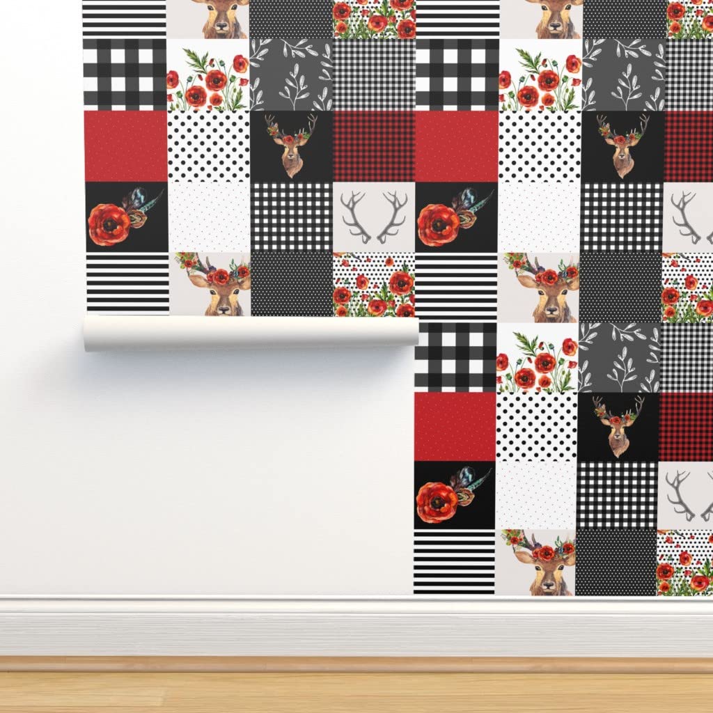 Peel & Stick Wallpaper 12ft x 2ft - Self-Adhesive Removable Wallpaper with Deer Woodland Floral Pattern in Black, White & Red | Perfect for Nursery, Bedroom, Living Room & DIY Home Decor