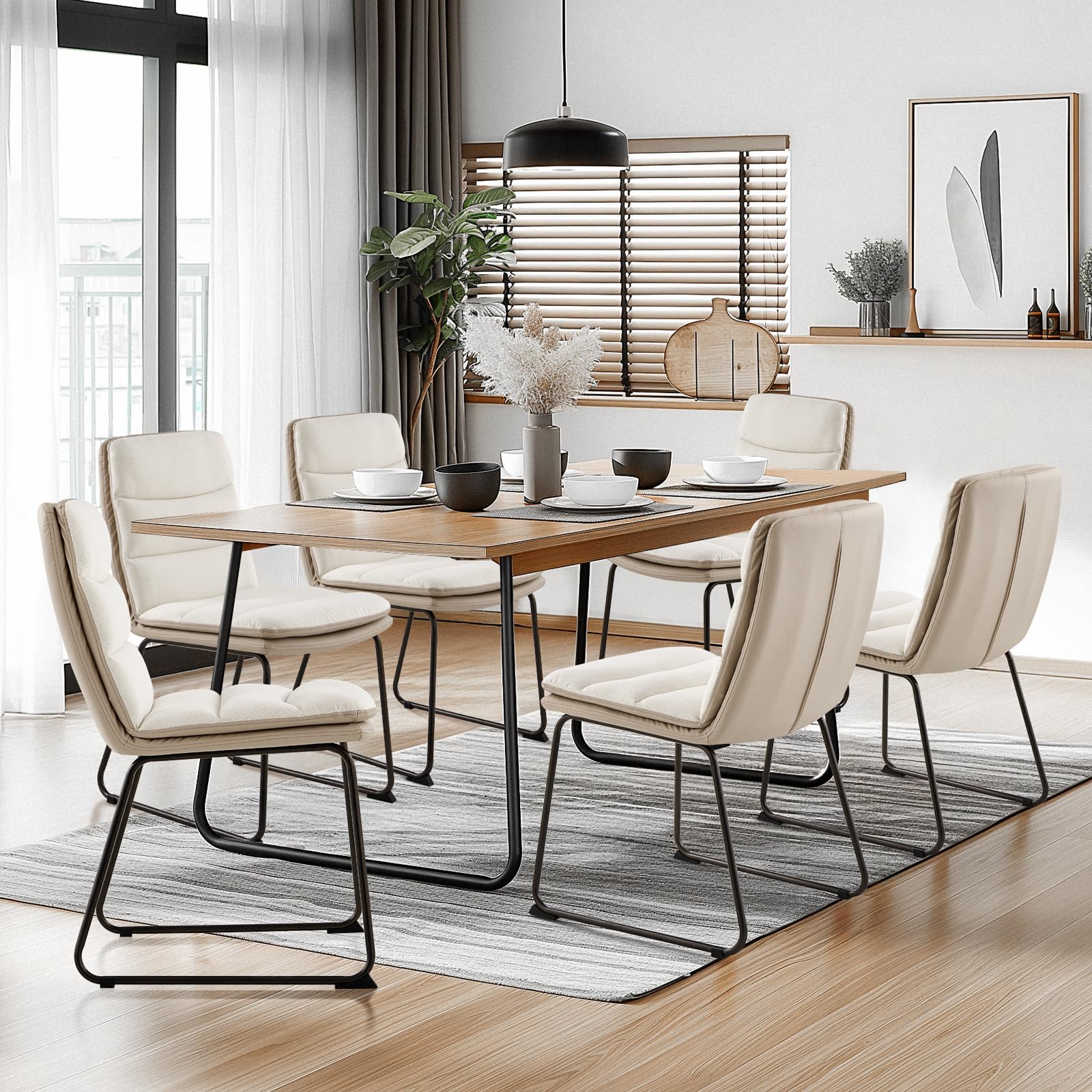Modern Upholstered Dining Chairs Set of 2 - PU Leather & Fabric Kitchen Side Chairs with Sturdy Metal Legs, Cream - Perfect for Home Dining Room, Breakfast Nook & Small Space Decor