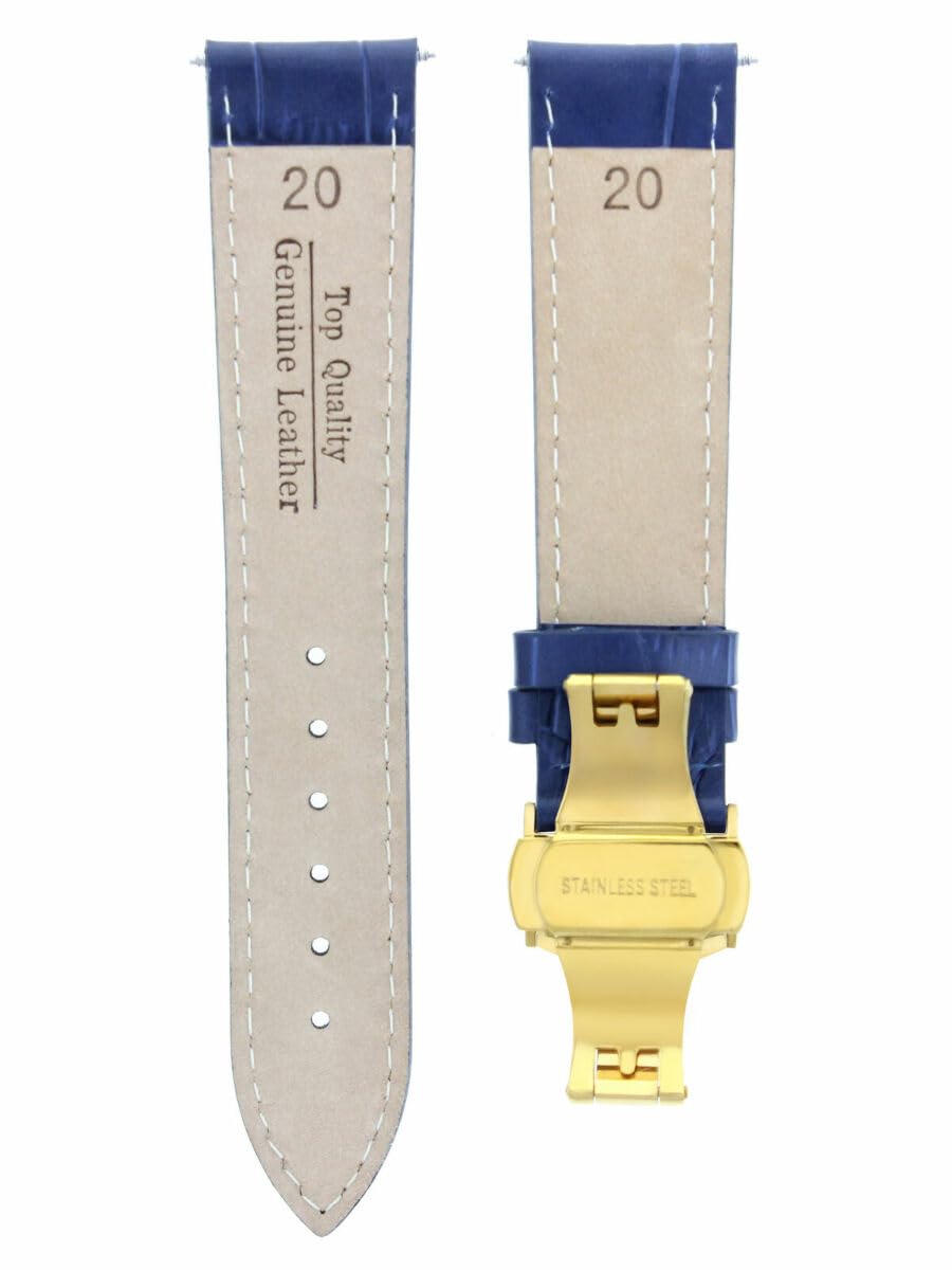 20mm Genuine Leather Watch Band with Deployment Clasp - Compatible with Citizen Eco-Drive Watches (Blue & Gold) | Replacement Strap for Dress Watches, Business & Formal Occasions