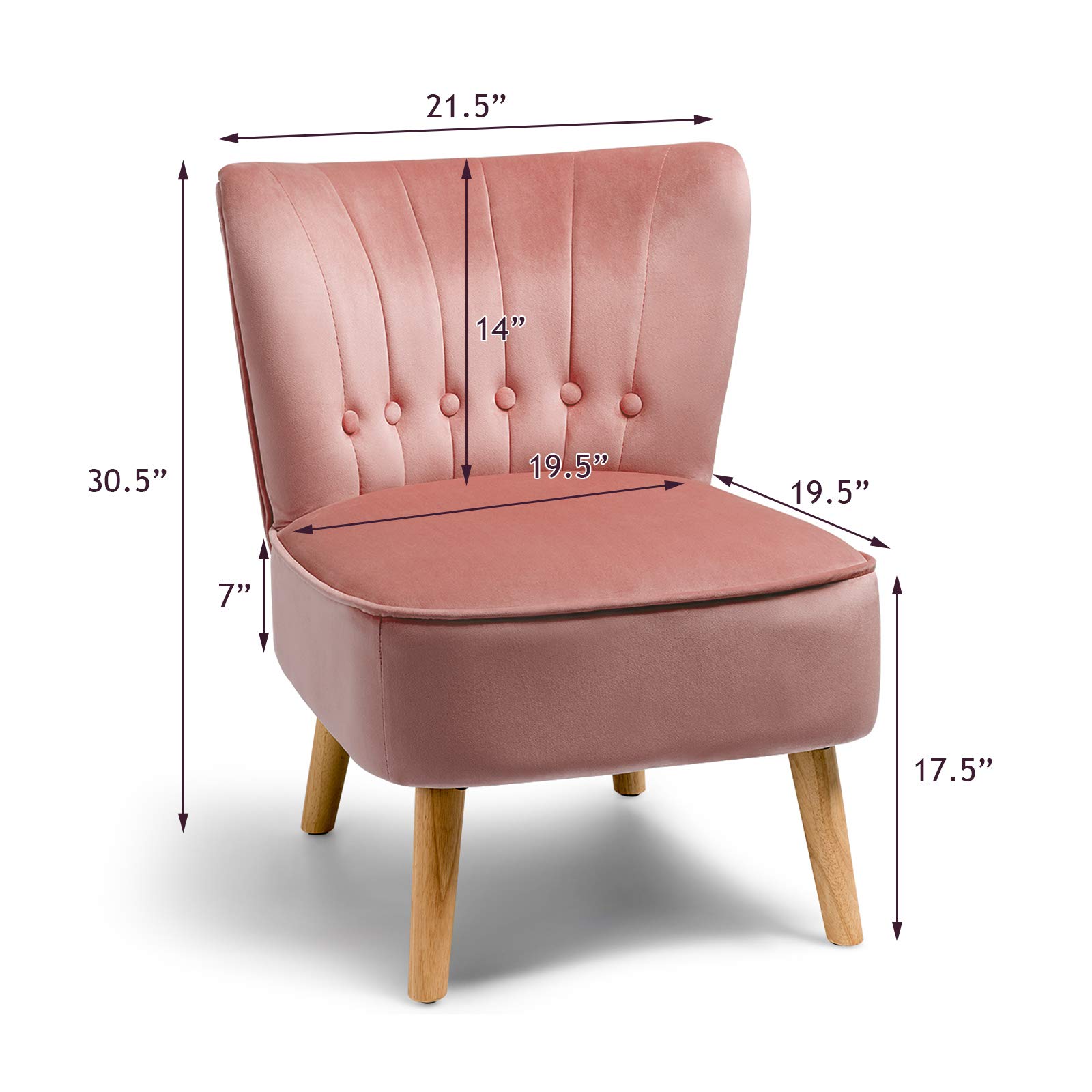 SAFSTAR Armless Accent Chair - Modern Wingback Velvet Sofa Chair with Sturdy Rubber Wood Legs & Plush Padded Seat, Upholstered Lounge Chair for Living Room, Bedroom, Office or Coffee Shop - Perfect for Relaxing, Reading & Entertaining Guests (Pink)