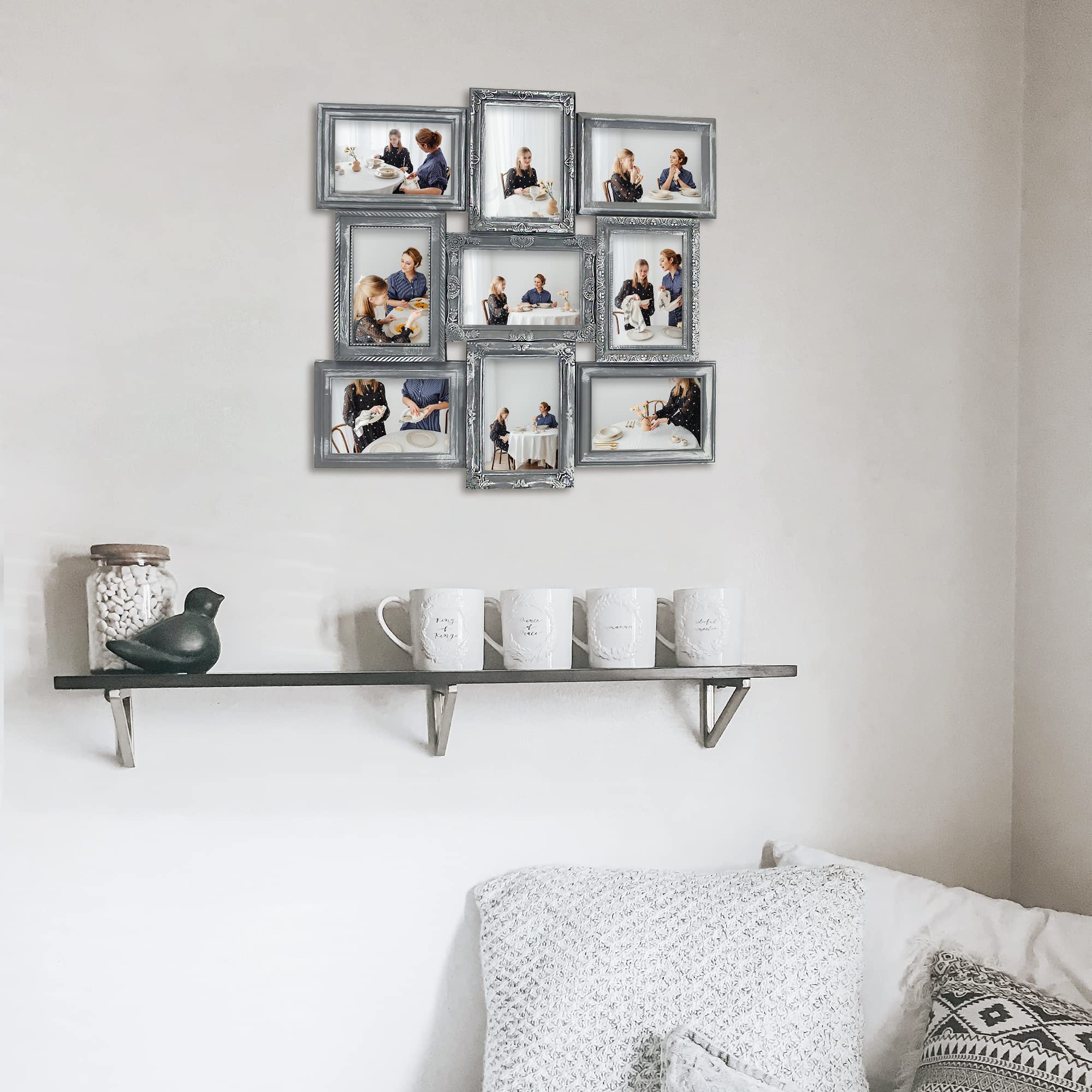 4x6 Picture Frame Collage - 9 Opening Grey Wall Hanging Photo Display for Home Decor | Perfect for Family Photos, Wedding Memories & Living Room Wall Art