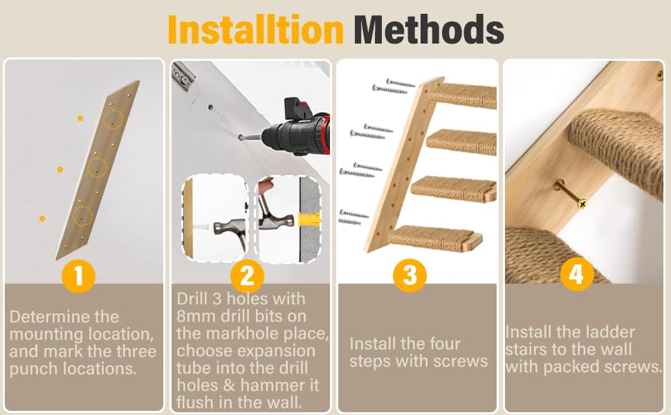 1 Pack 4-Step Cat Wall Shelves with Sisal Rope - Sturdy Cat Wall Steps & Climbing Tree Accessories, Large Size, Brown-White - Perfect for Indoor Cat Play & Exercise