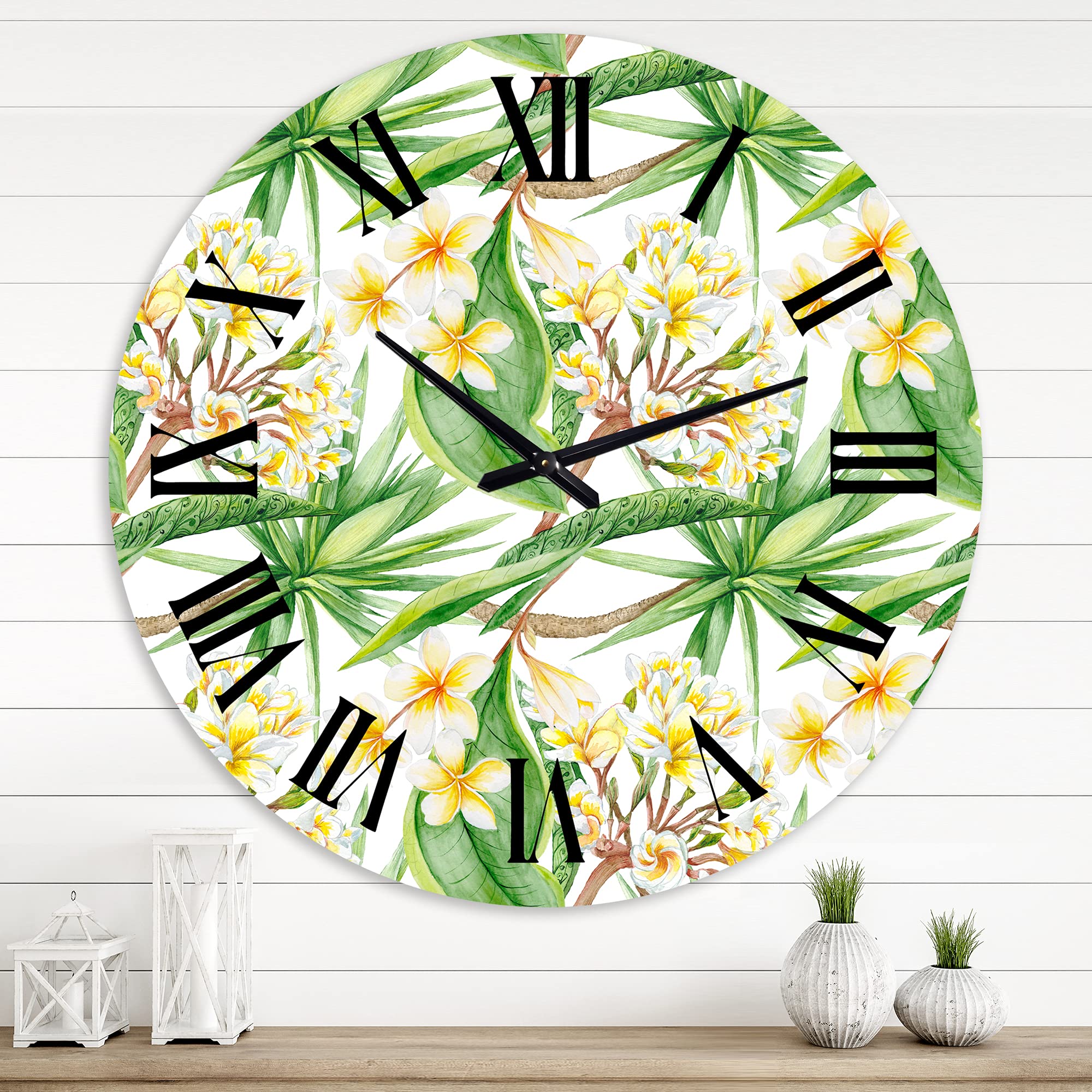 DesignQ Modern Wall Clock 'Tropical Foliage & Yellow Flowers VI' - Large Floral Botanical Wall Clock for Living Room, Bedroom, Office Decor - Perfect for Home, Office & Gift Giving