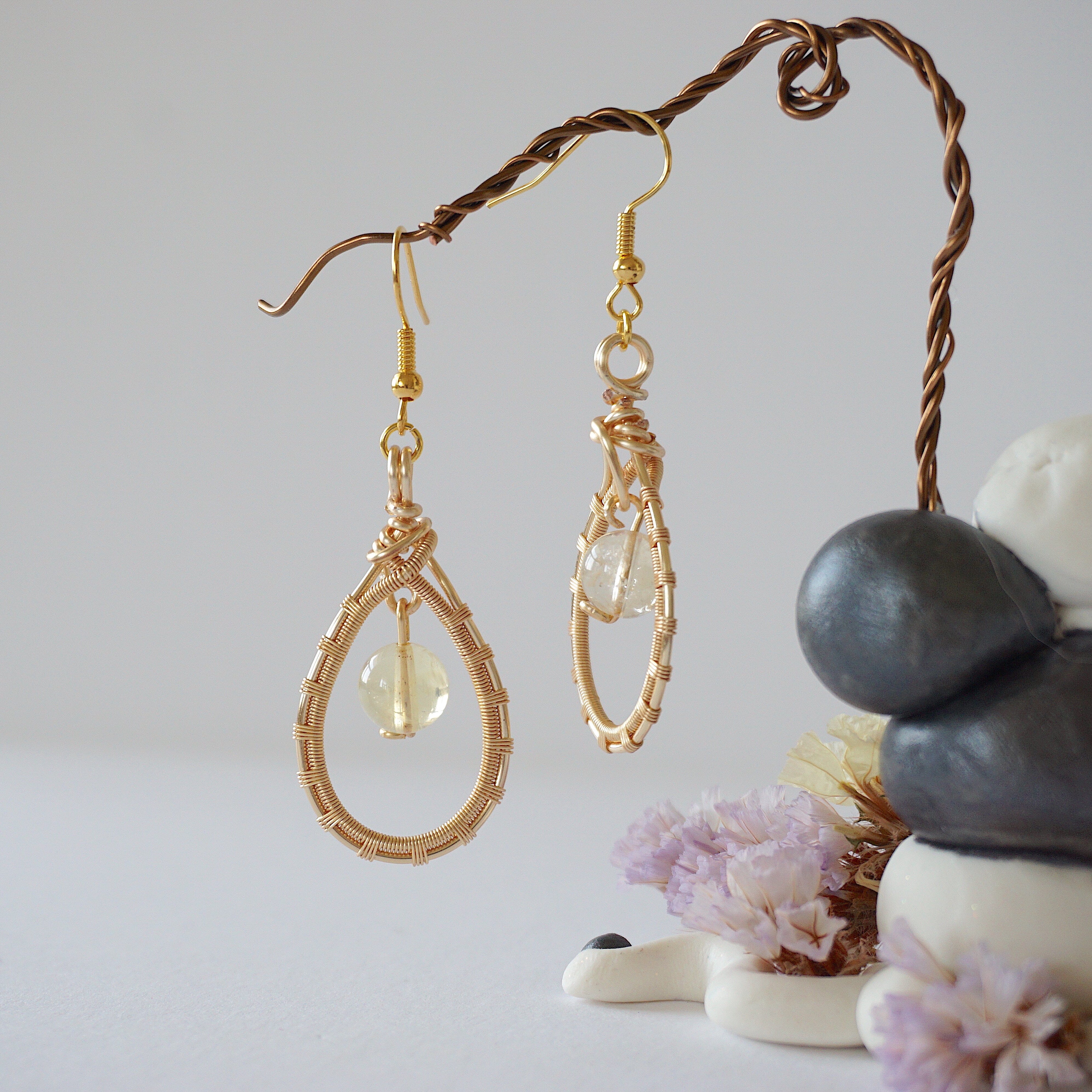 Citrine Round Wire Earrings - Gold Plated Dangle Earrings for Women | Elegant Jewelry Gift for Birthday, Anniversary & Party | Boho Chic & Everyday Wear